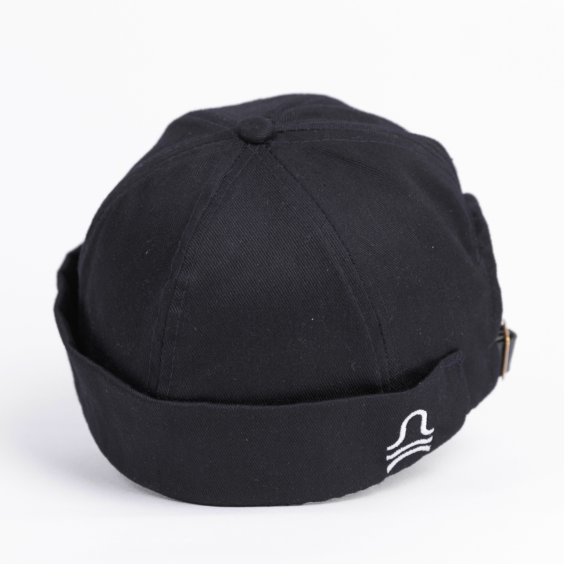 Black cap with a logo on a white background