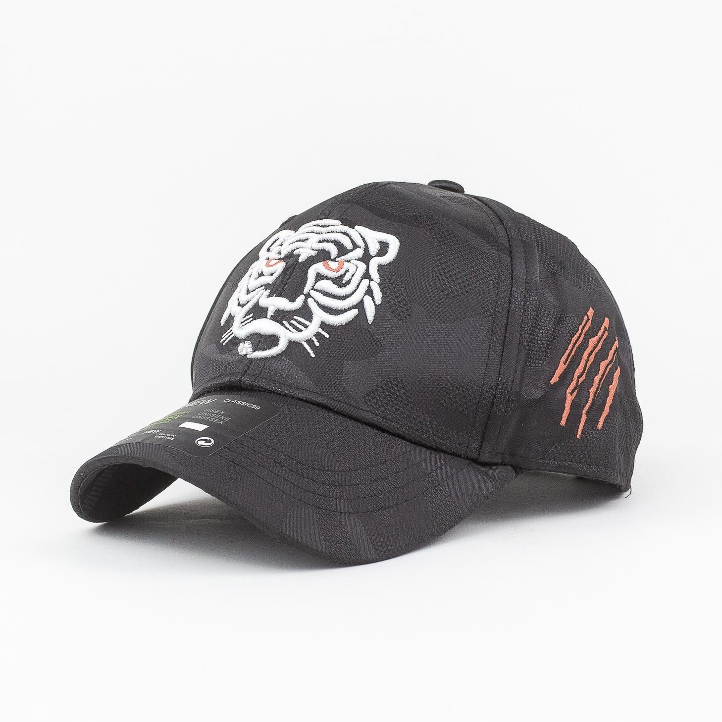 Black camouflage baseball cap with white tiger logo on a white background