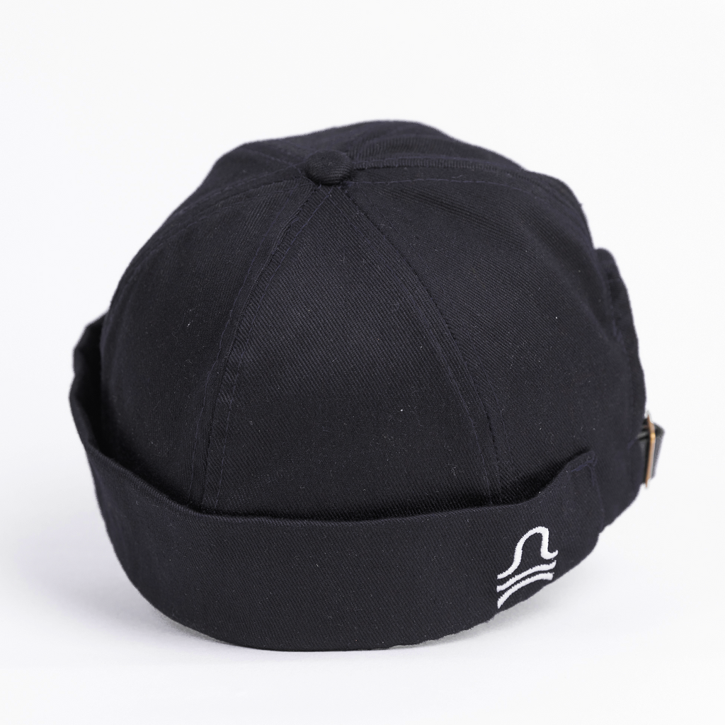 Black cap with a logo on a white background