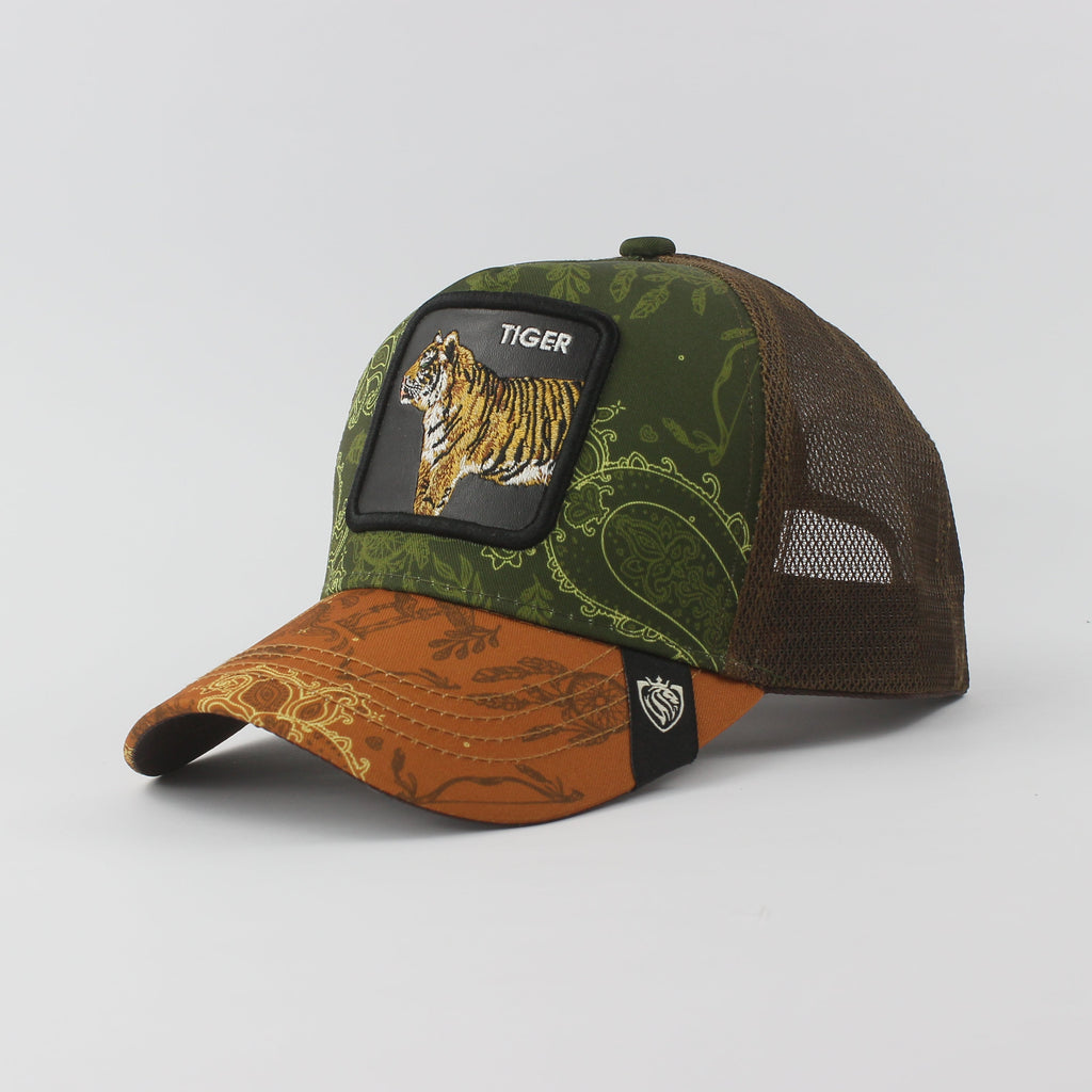 Cap with tiger patch and camouflage design on a gray background