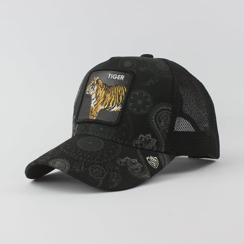 Black cap with tiger patch on a gray background