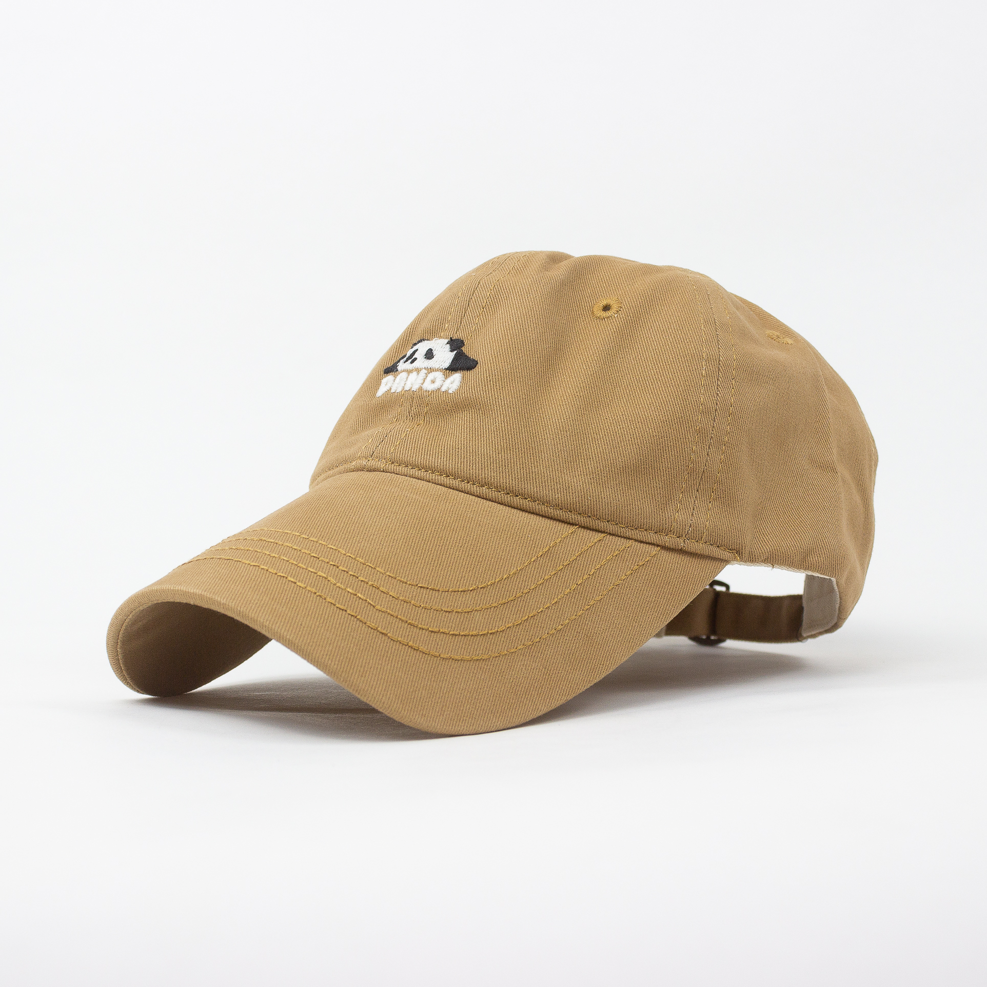 Tan baseball cap with a logo on a white background