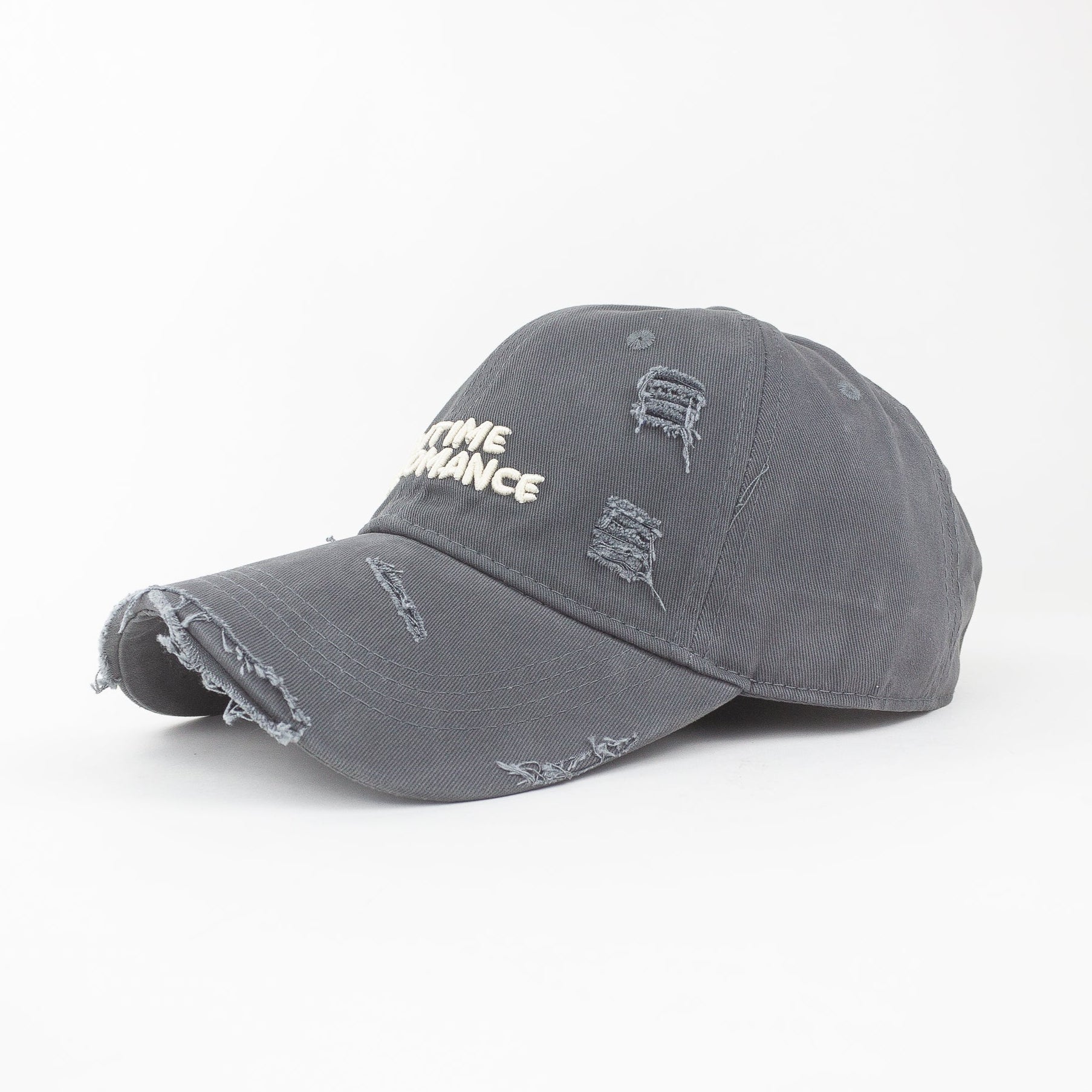 Gray distressed baseball cap with text on a white background