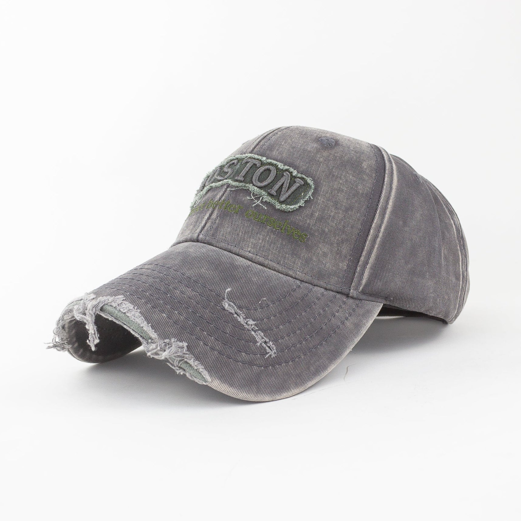 Gray distressed baseball cap with branding on a white background
