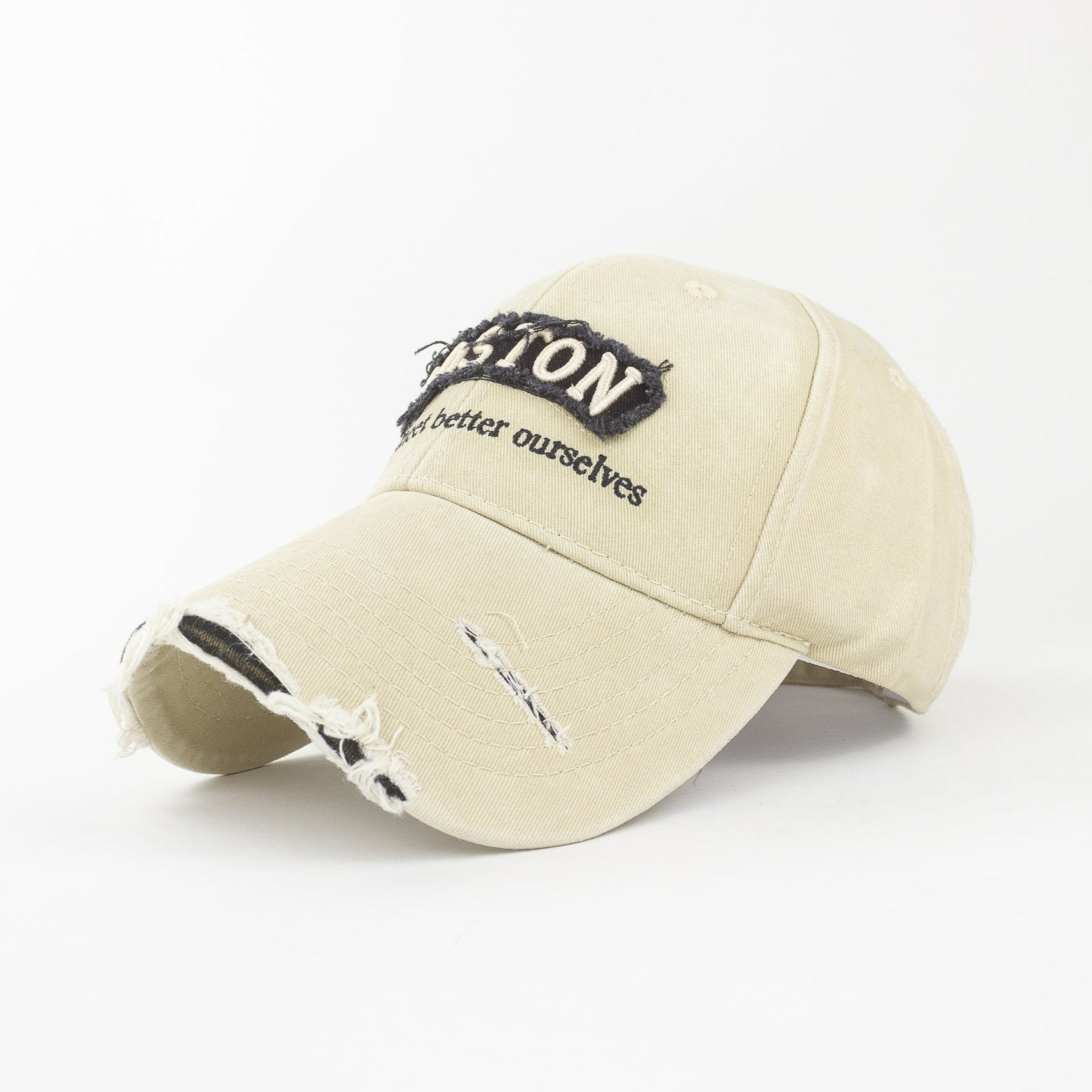Beige cap with text on a white background