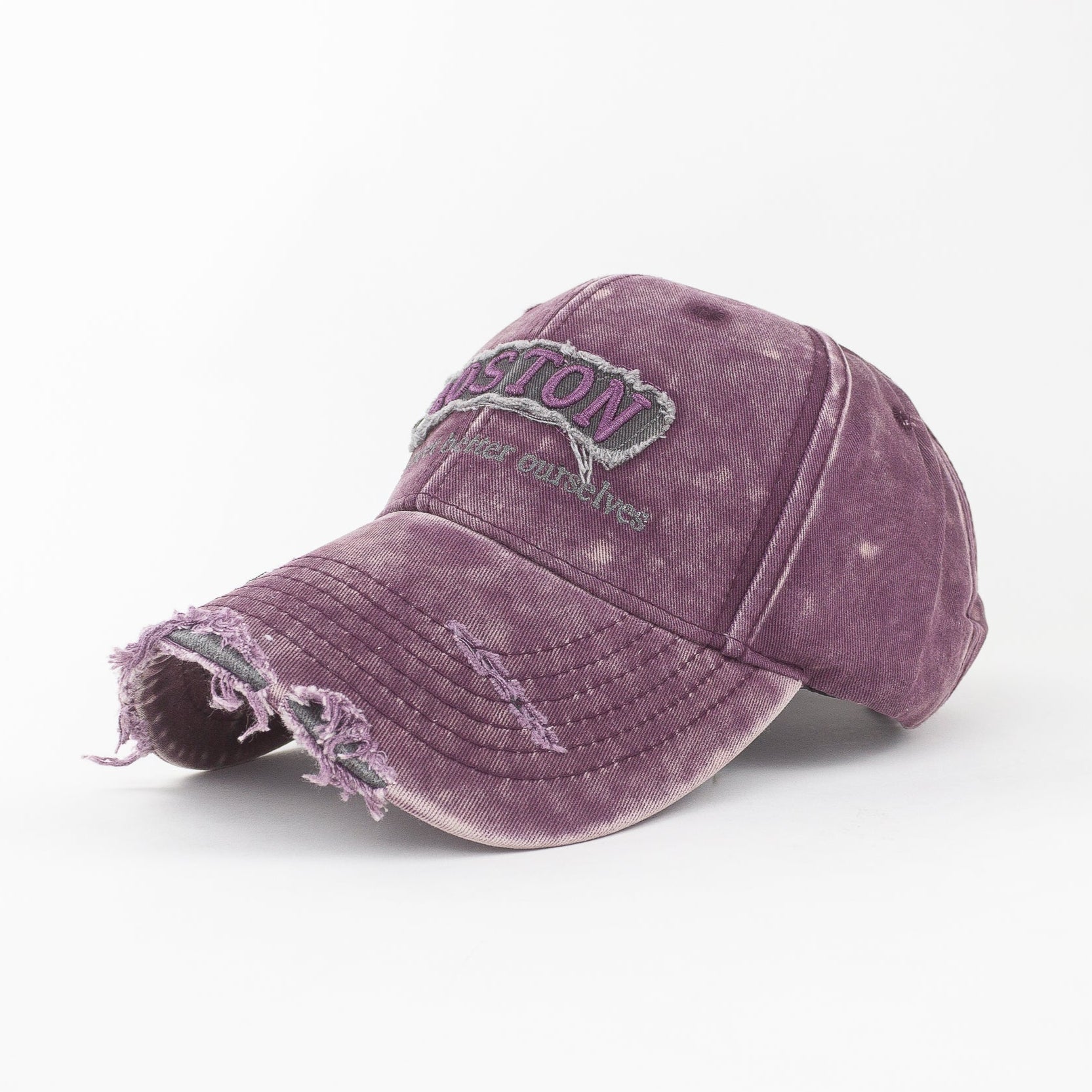 Purple distressed baseball cap with a logo on a white background