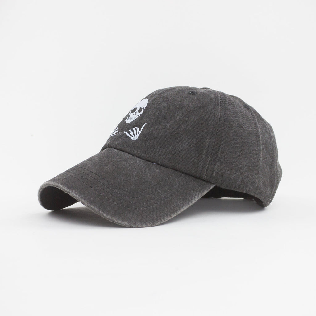 Gray baseball cap with a small logo on a white background