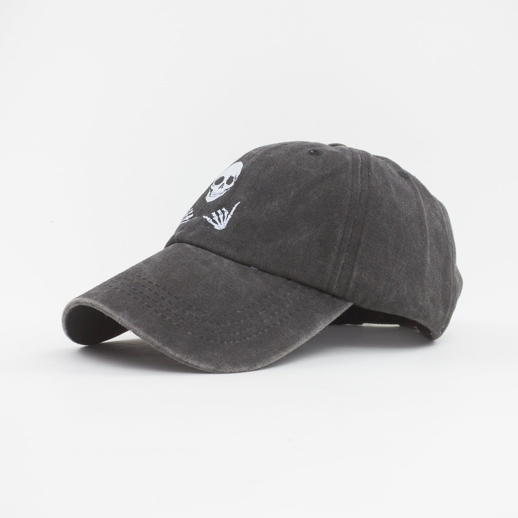 Gray baseball cap with a small logo on a white background