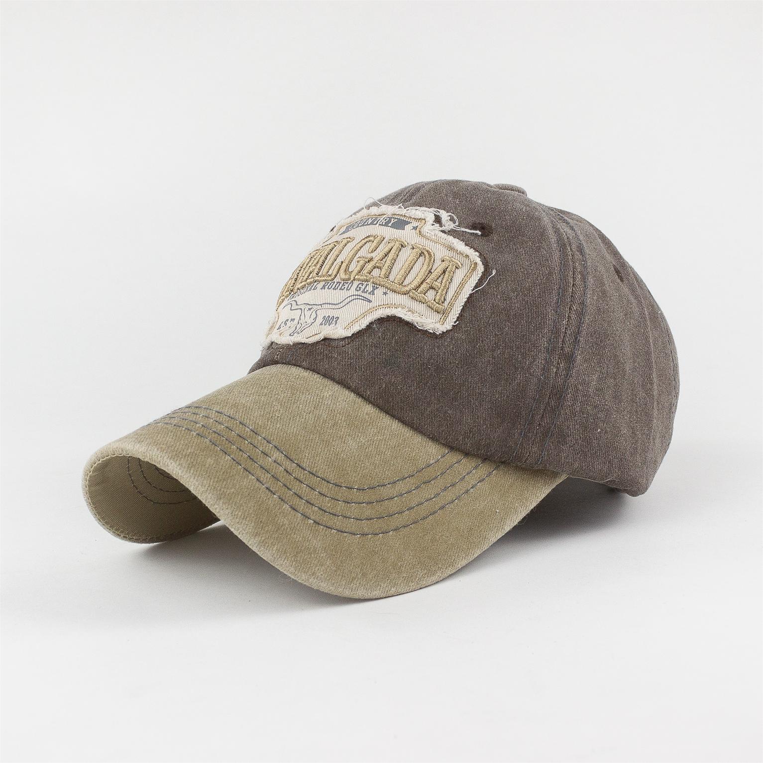 Brown and beige cap with a logo on a white background