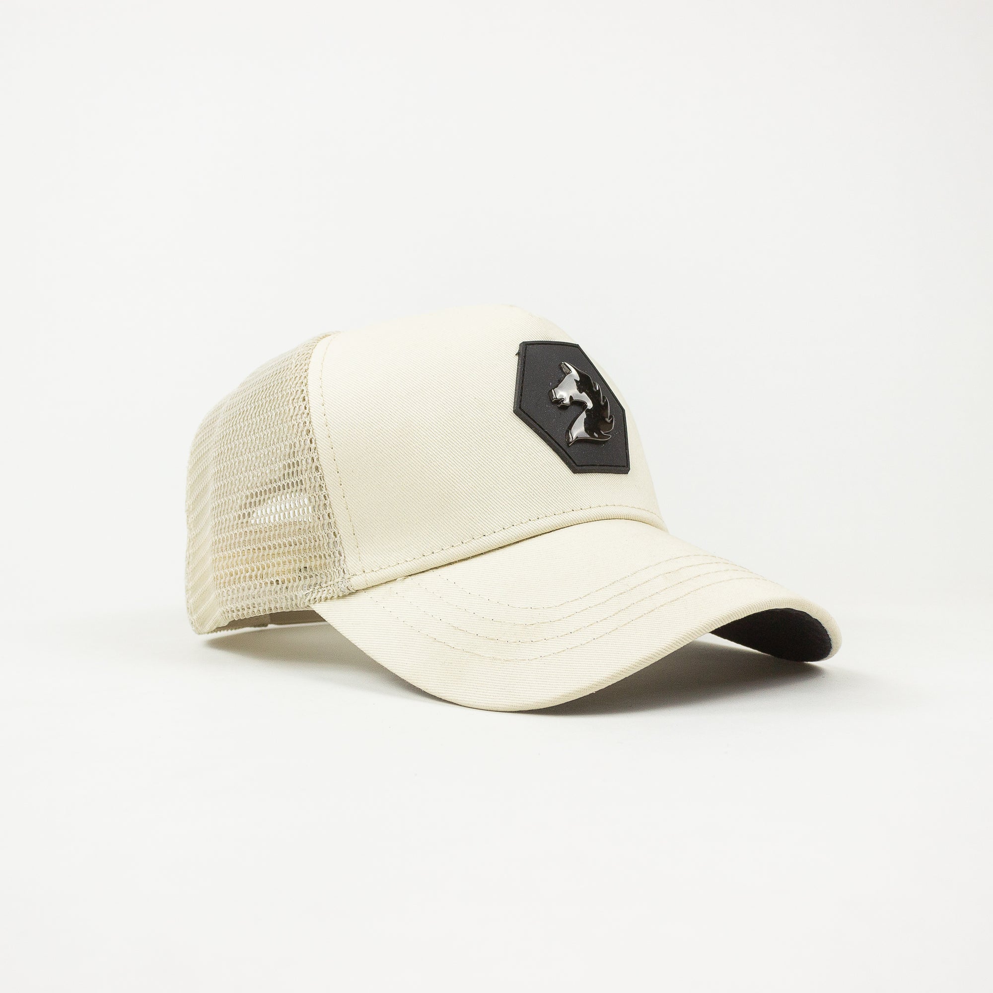 Beige trucker cap with a black logo on a white background