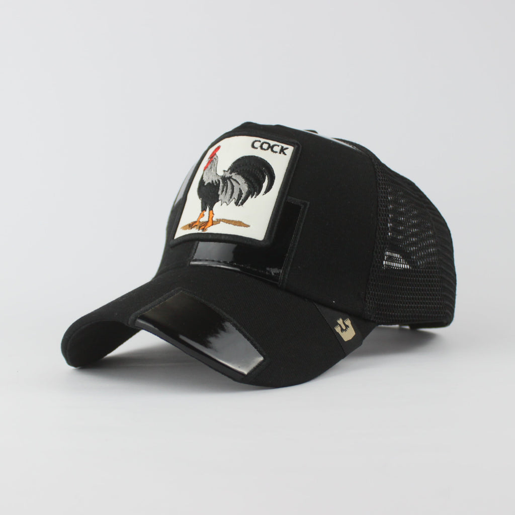 Black cap with rooster illustration on a light gray background