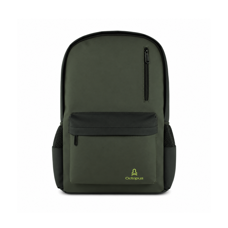 laptop green backpack with light yellow octopus cairo logo
