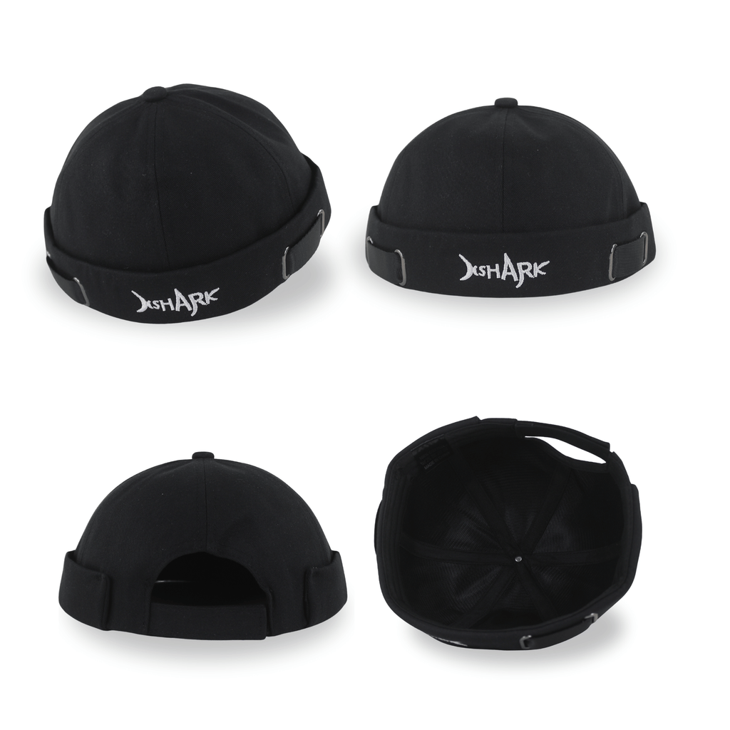 Collage of a black hat for men featuring four views: front with white embroidery, side profile with adjustable straps, back view showing the velcro closure, and an interior view of the crown.