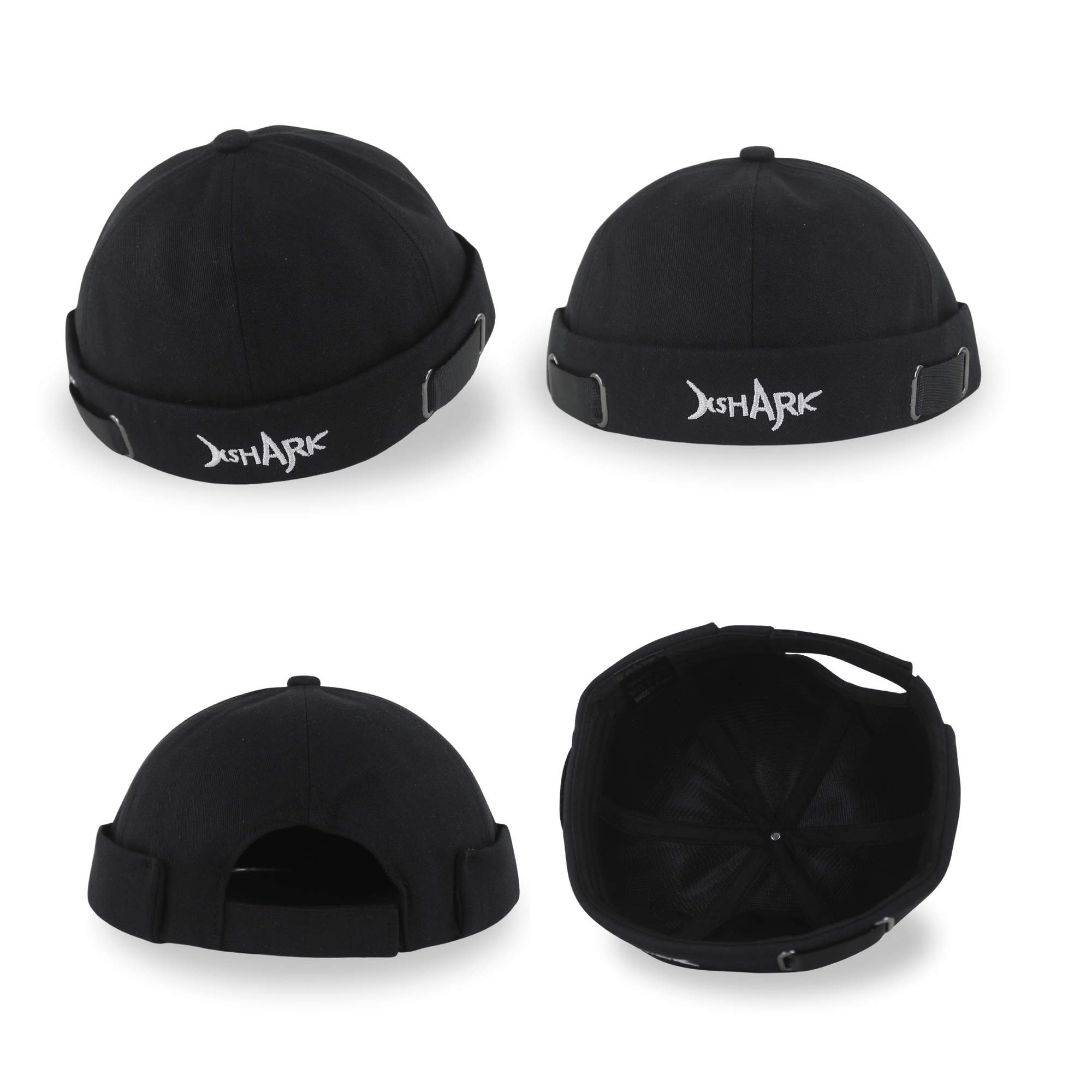 Collage of a black hat for men featuring four views: front with white embroidery, side profile with adjustable straps, back view showing the velcro closure, and an interior view of the crown.