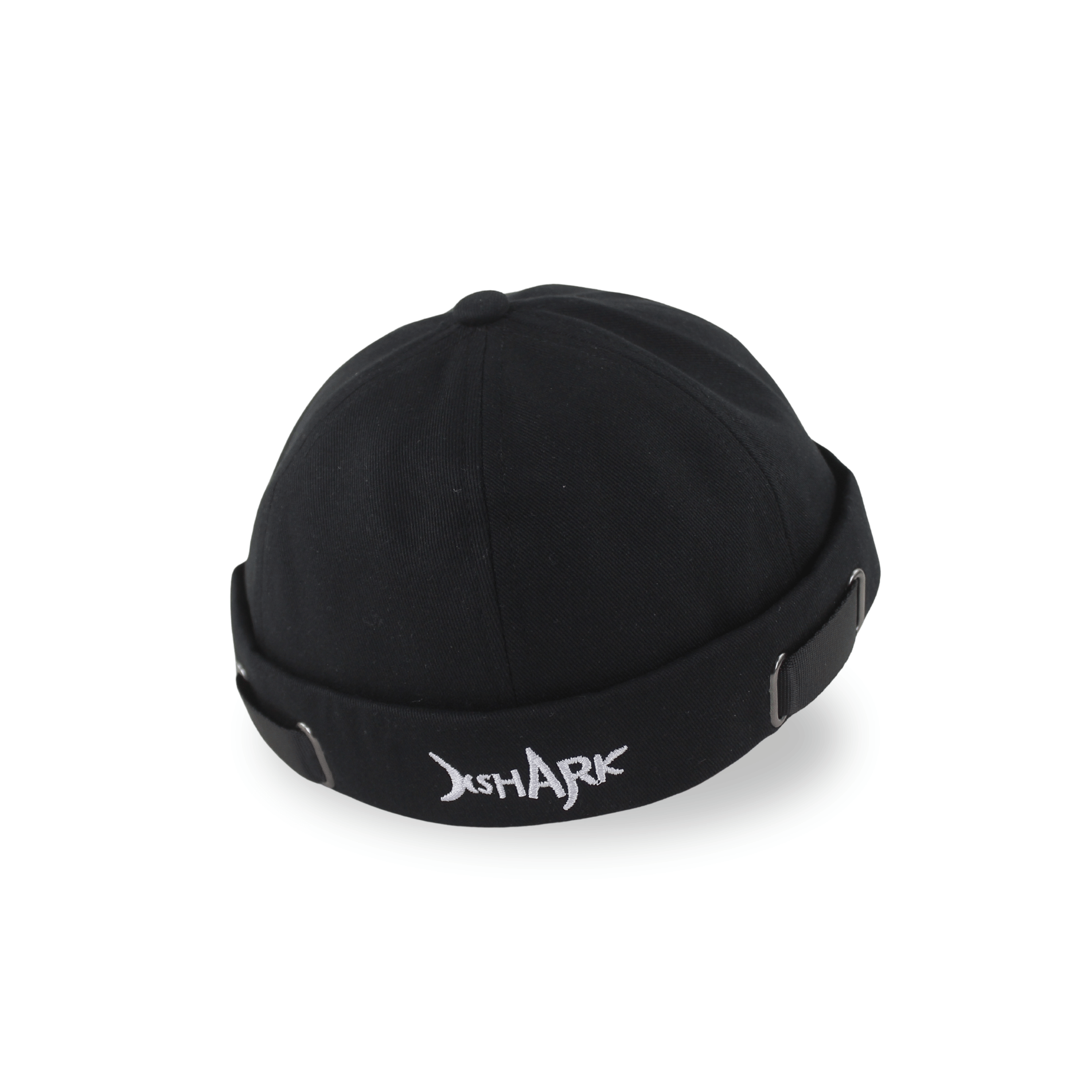 Profile view of a premium black brimless docker hat for men with white embroidery and adjustable side straps
