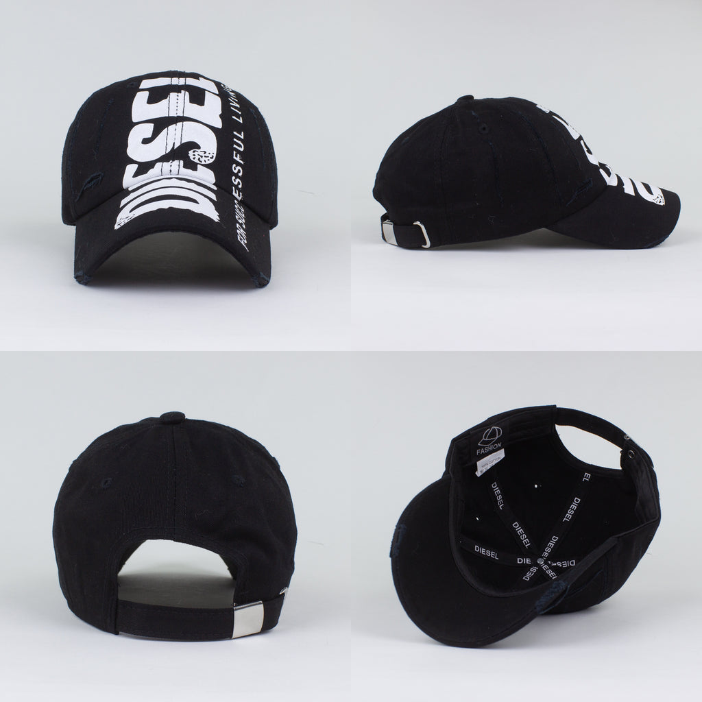 Composite view of a black baseball cap showing the snapback closure and structured crown.