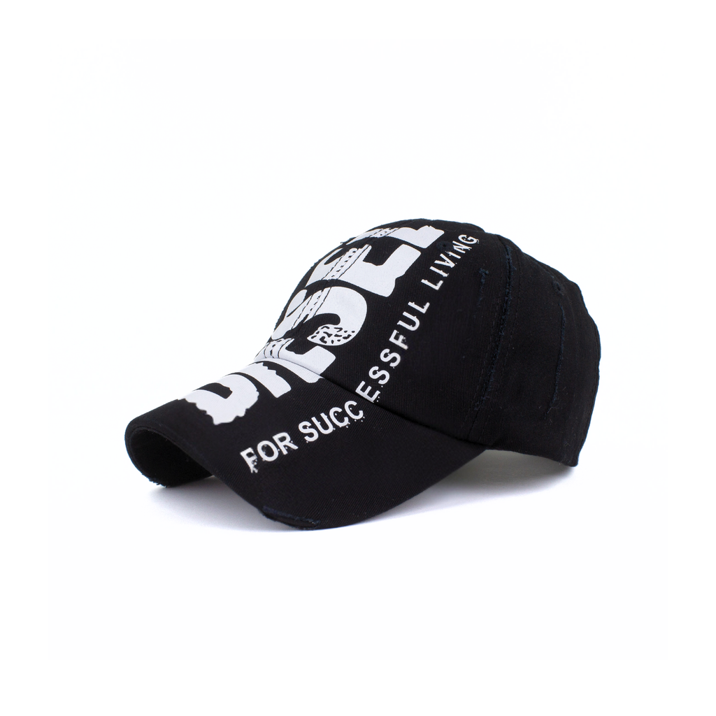 Side profile of a premium black baseball cap featuring white embroidered text.