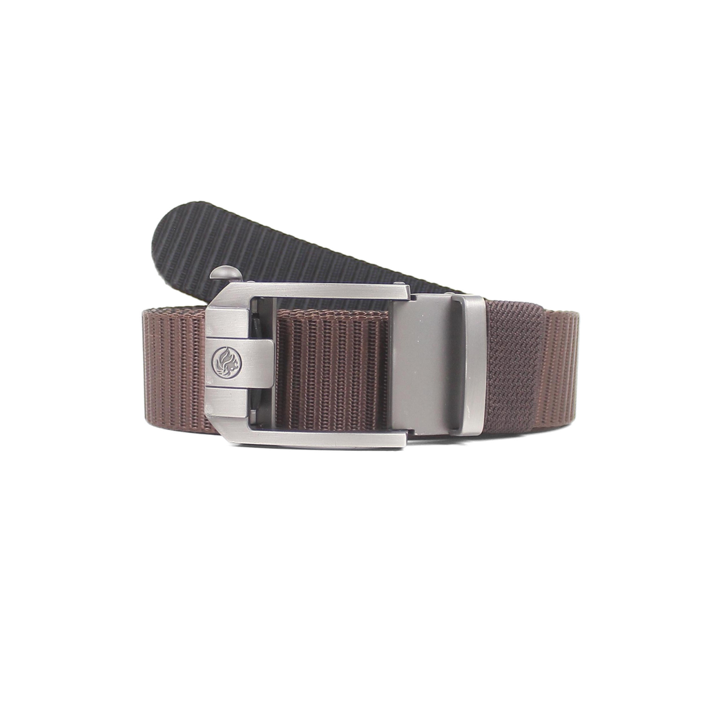 Deep brown nylon tactical belt with a solid black reverse side and a matte gunmetal automatic buckle, presented in a coiled view.