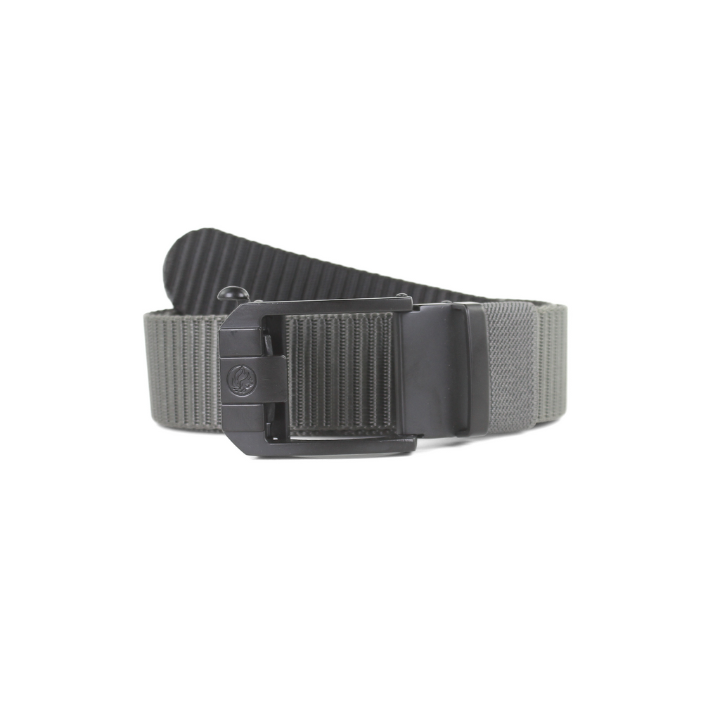 A charcoal grey tactical web belt with a black automatic sliding buckle on a plain white background.