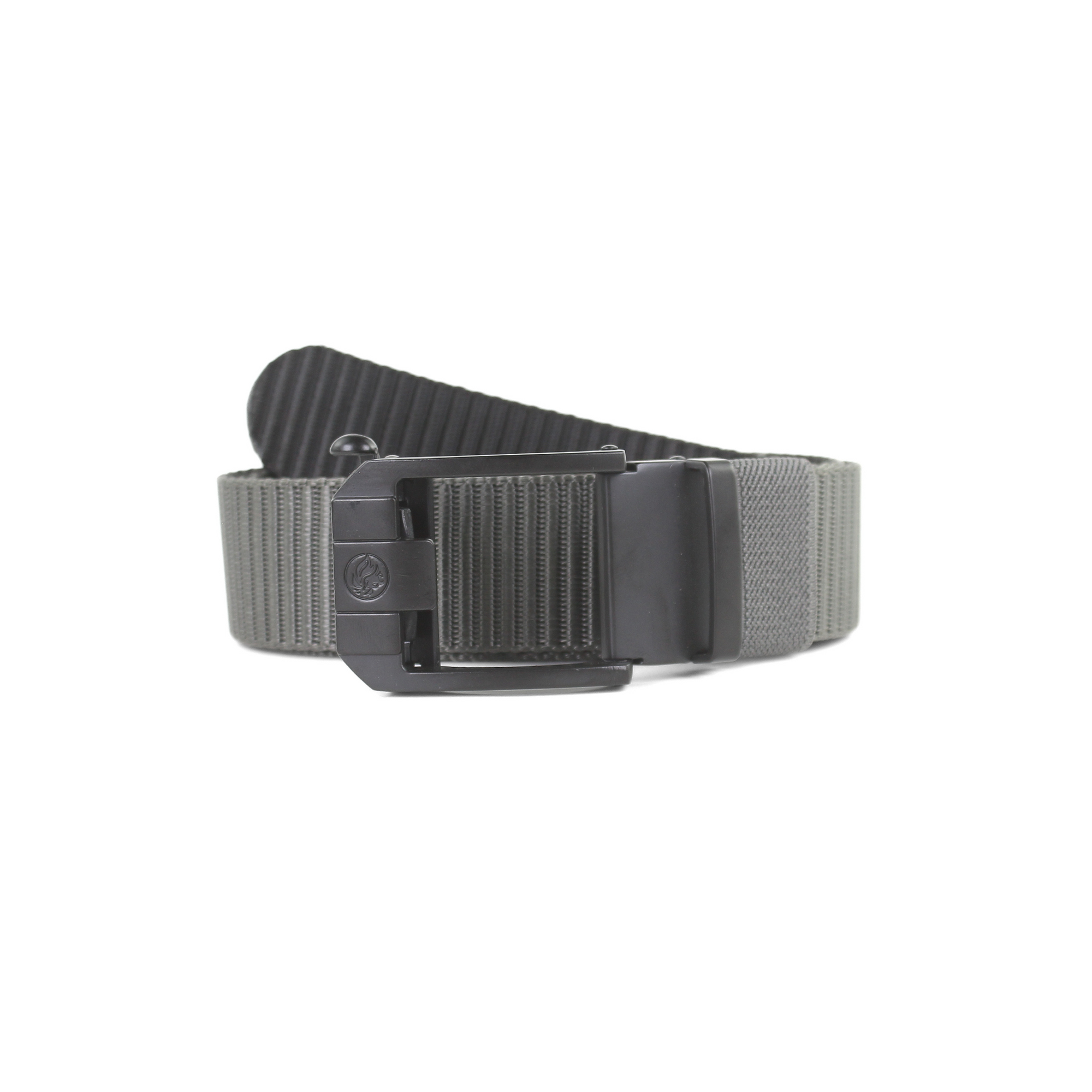 A charcoal grey tactical web belt with a black automatic sliding buckle on a plain white background.