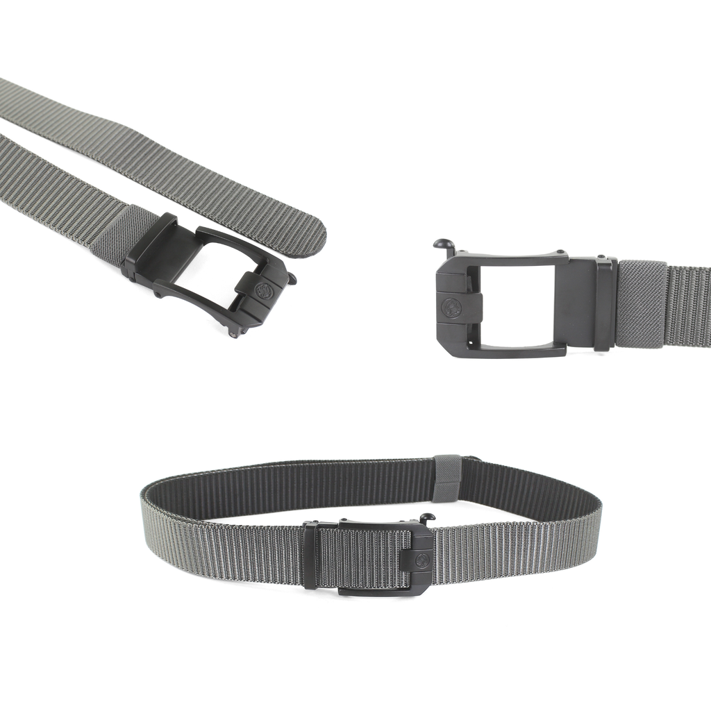 A three-image studio collage showing different views of a grey nylon tactical web belt with a black automatic sliding buckle on a white background.