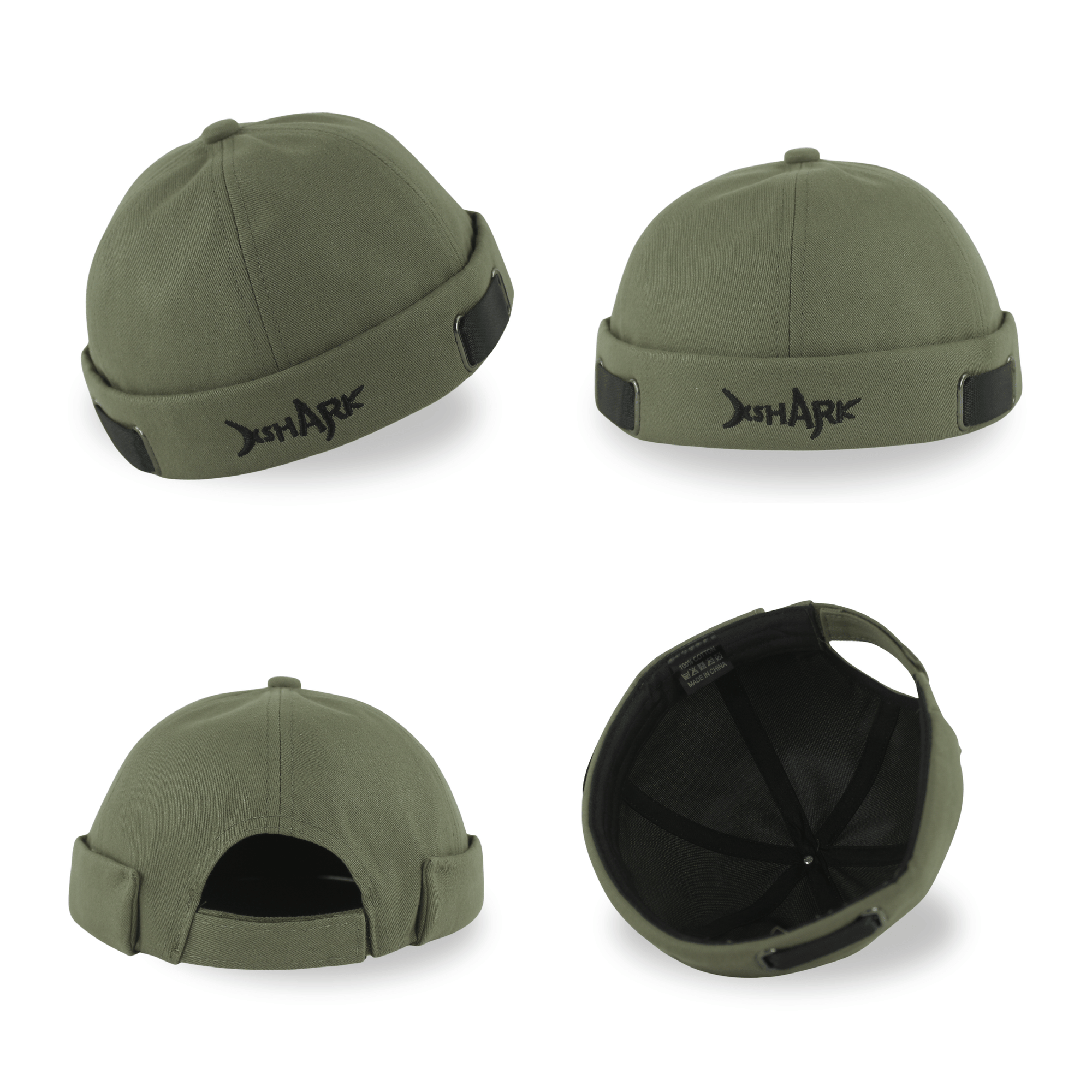 Collage of a olive green docker hat for men featuring four views: front with black embroidery, side profile with adjustable straps, back view showing the velcro closure, and an interior view of the crown.
