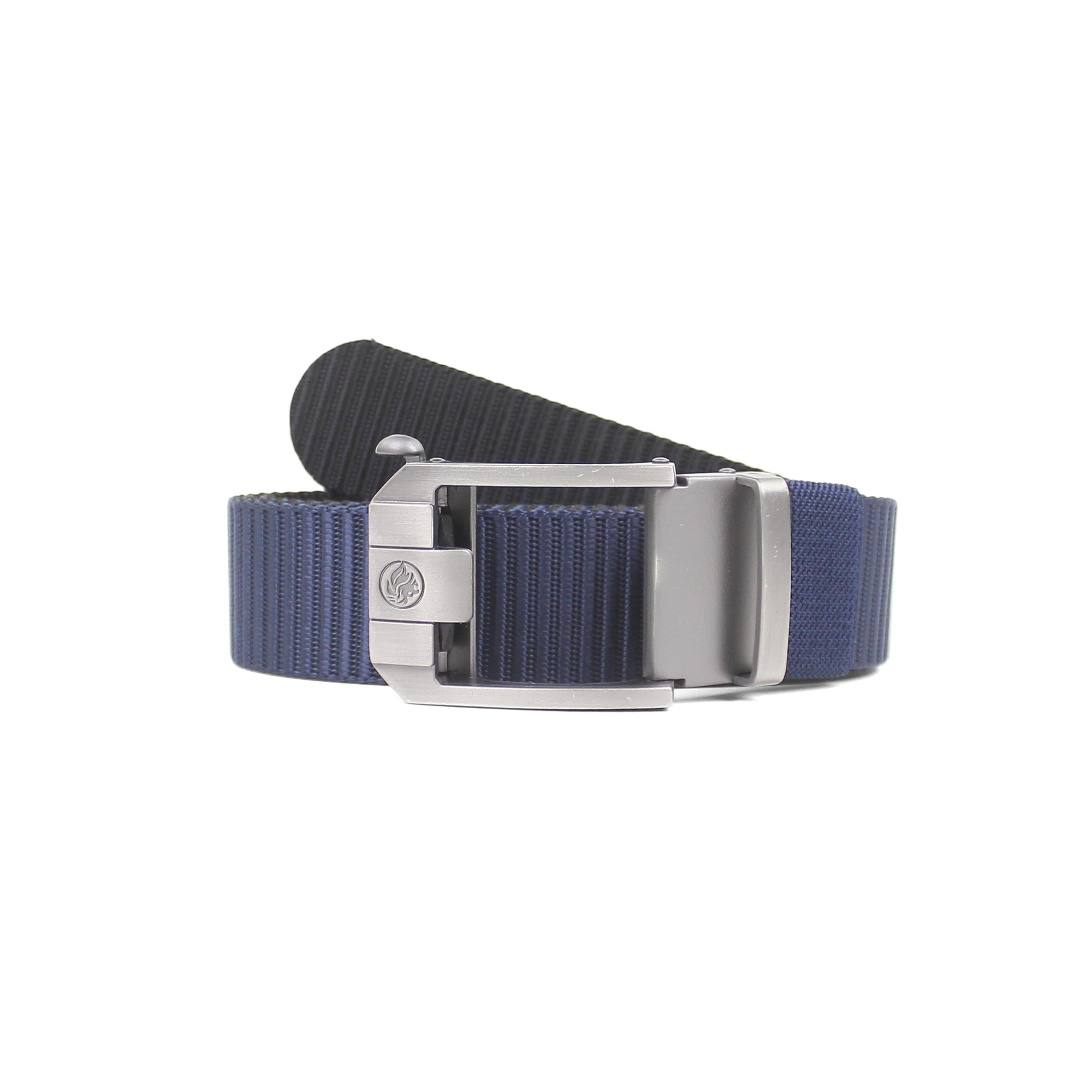 Coiled navy blue nylon tactical belt with a solid black reverse side, featuring a clean gunmetal finish on the automatic buckle.