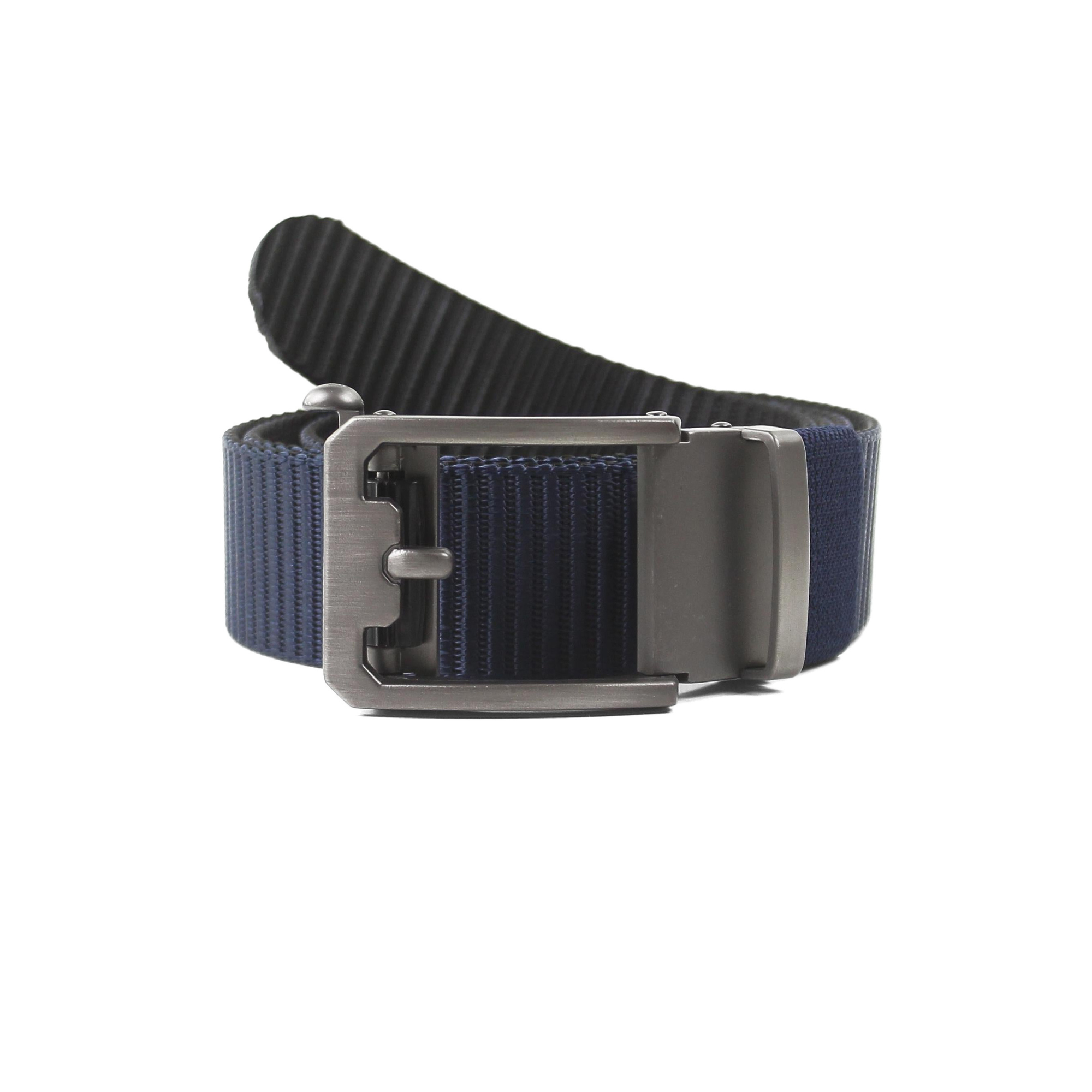 A coiled navy blue nylon webbing belt with a matte gunmetal tactical ratchet buckle, isolated on a white background.