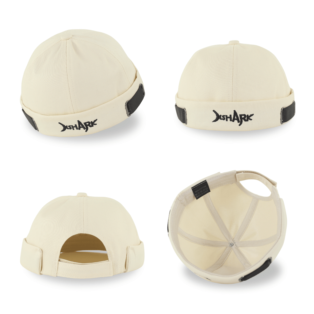 Collage of an off-white docker hat for men featuring four views: front with black embroidery, side profile with adjustable straps, back view showing the velcro closure, and an interior view of the crown.