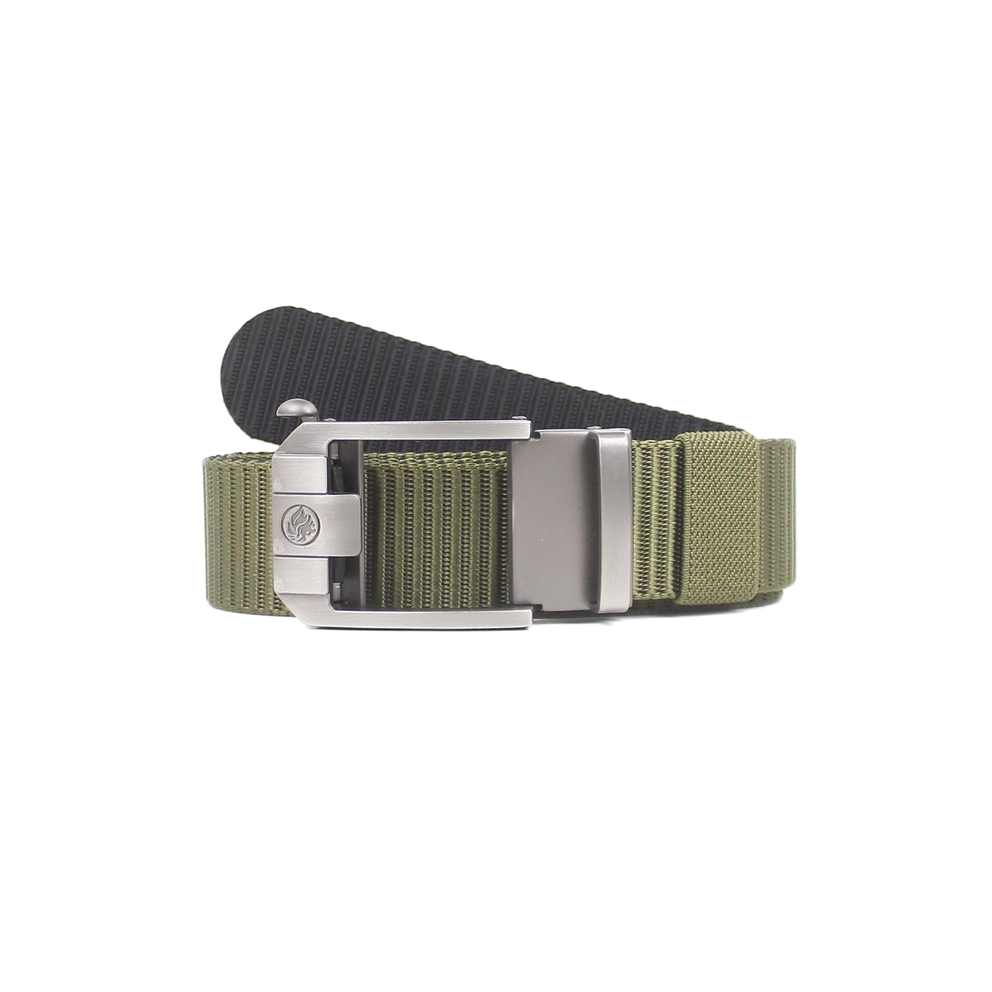 Olive green nylon webbing tactical belt, coiled to show the solid black reverse side, featuring a gunmetal quick-release buckle.
