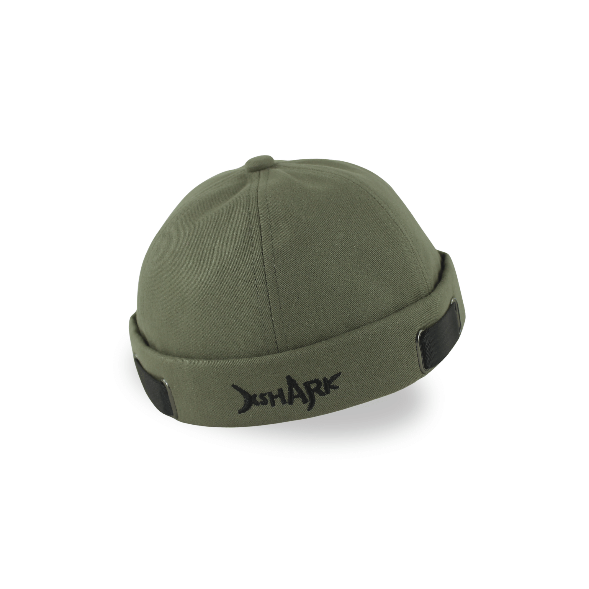 Profile view of a premium olive green brimless docker hat for men with black embroidery and adjustable side straps.