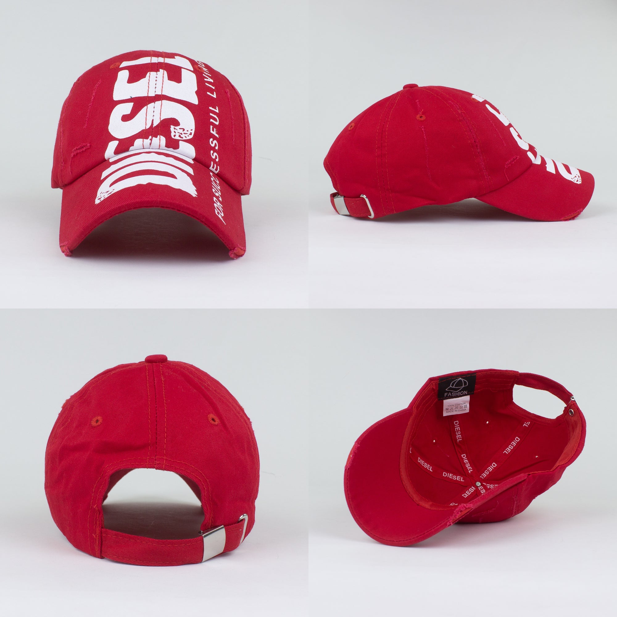 Detail shots of a red baseball cap showing the back strap and structured front panels.