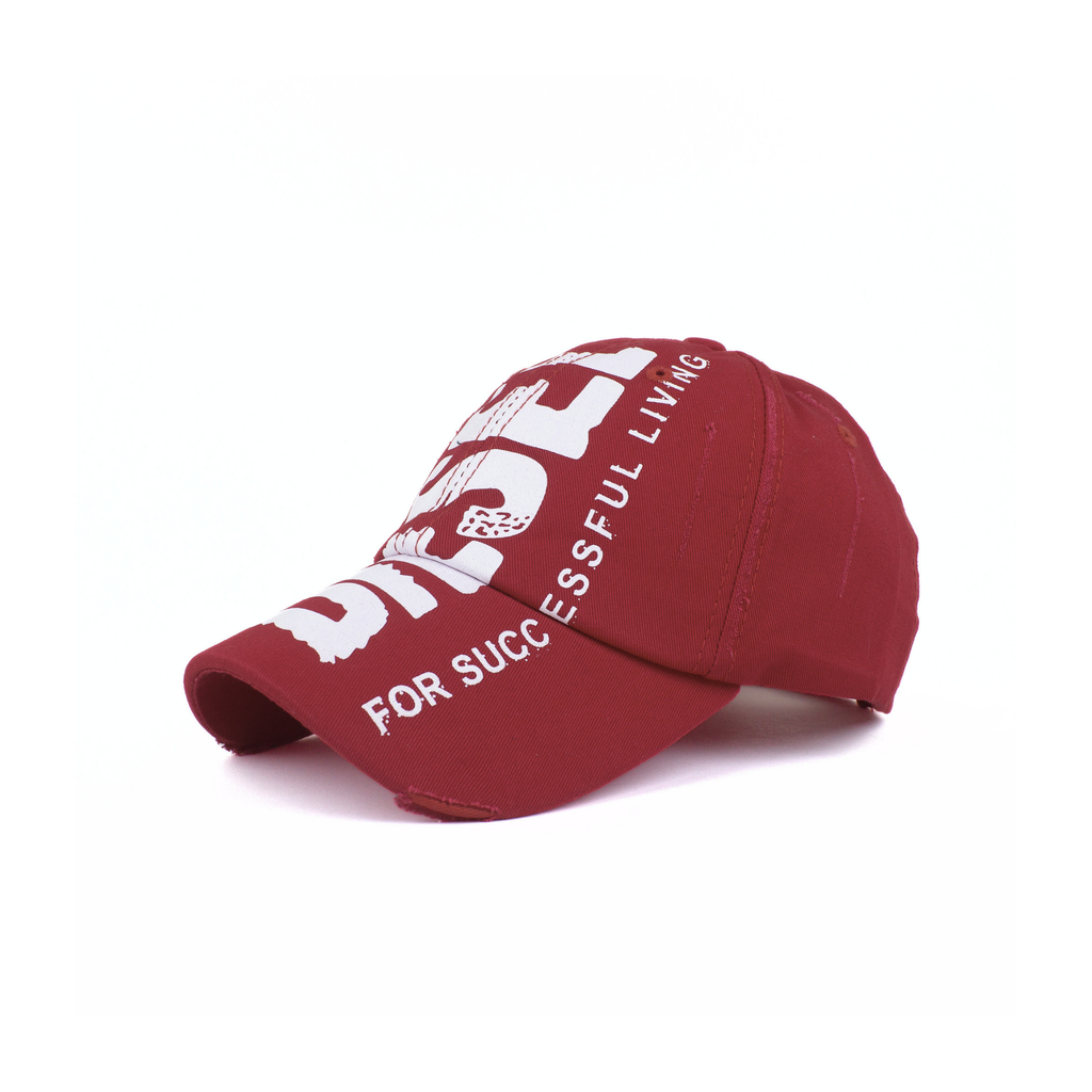 Side view of a maroon red baseball cap with high-contrast white embroidery.