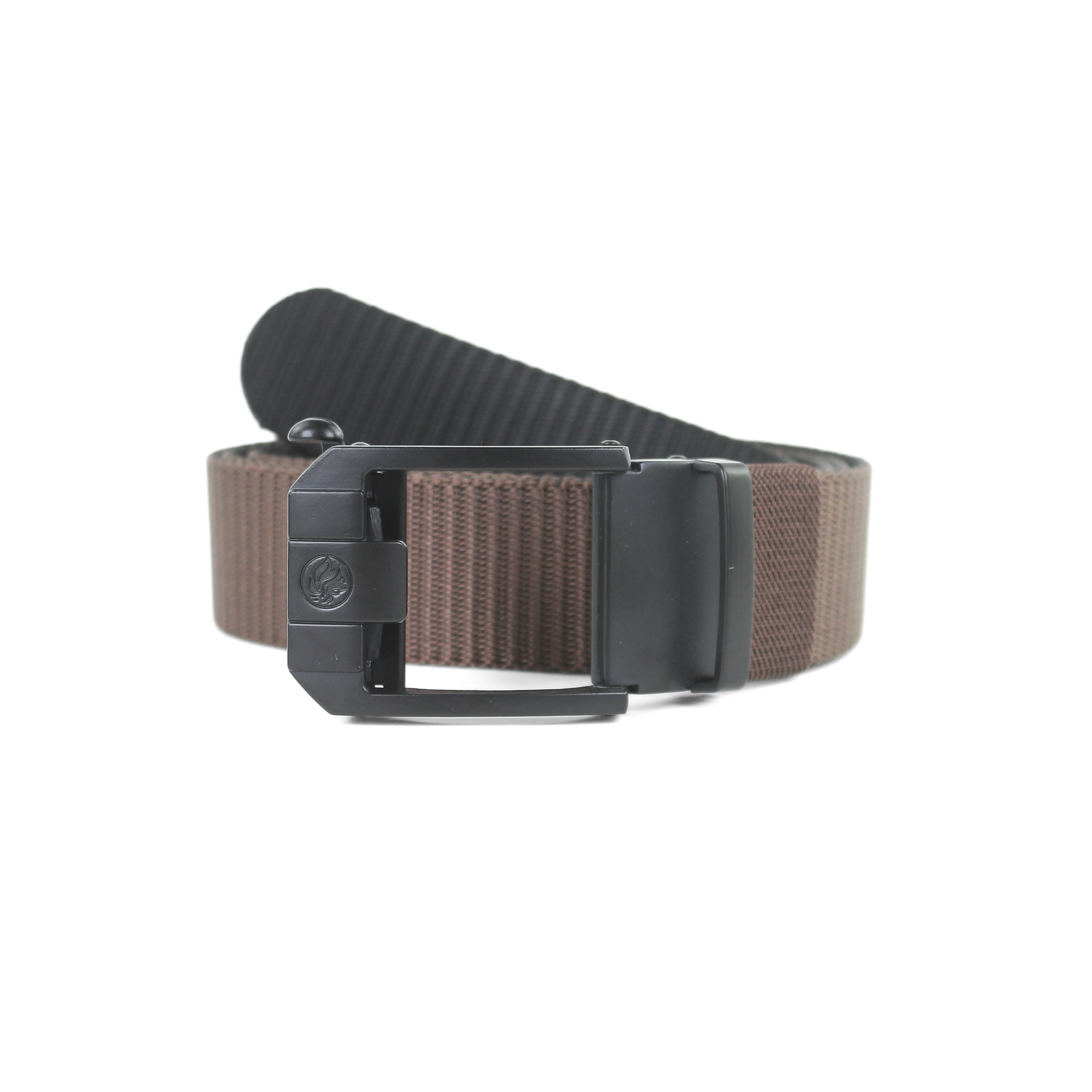A dark brown tactical web belt with a black automatic sliding buckle on a plain white background.
