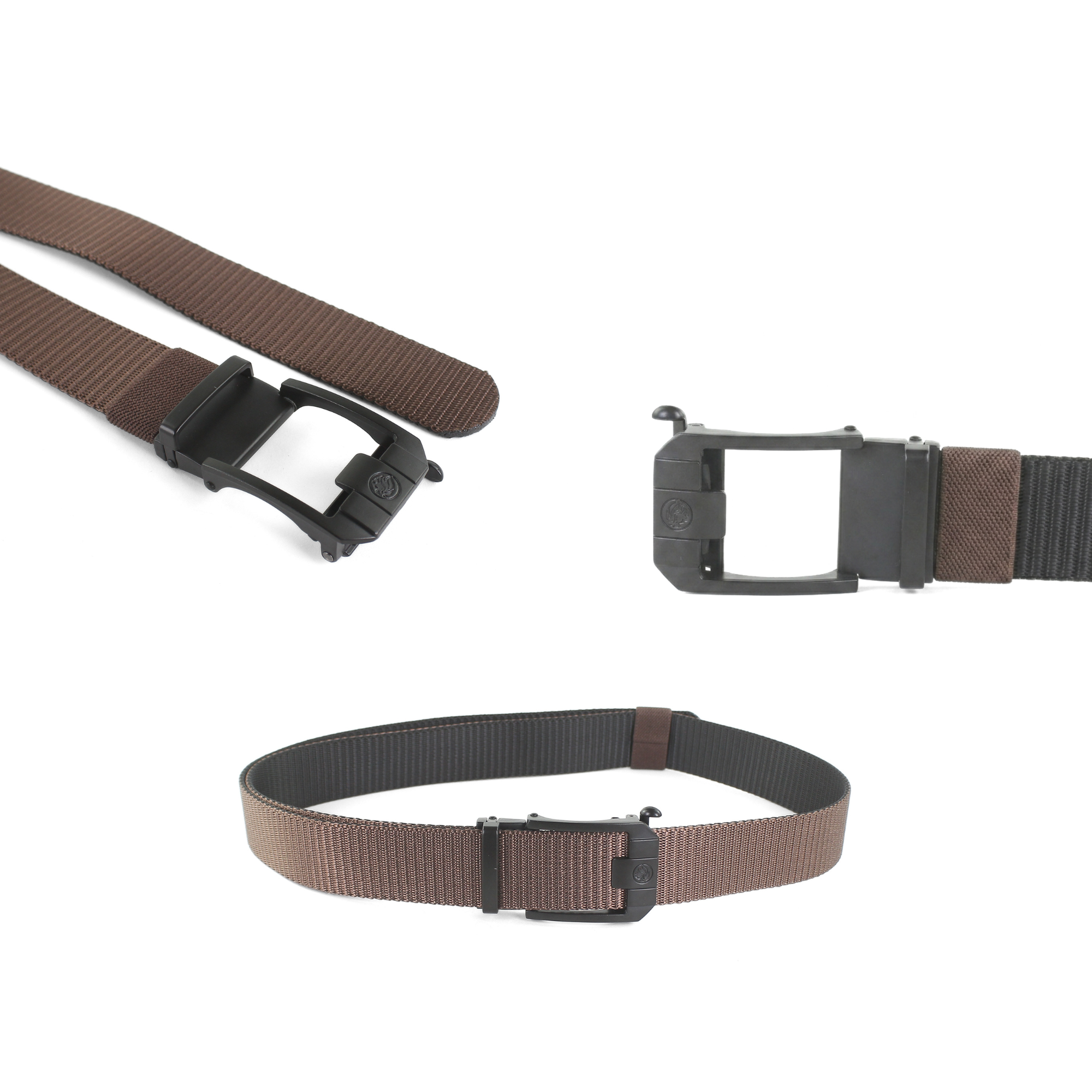A three-image studio collage showing different views of a dark brown nylon tactical web belt with a black automatic sliding buckle on a white background.