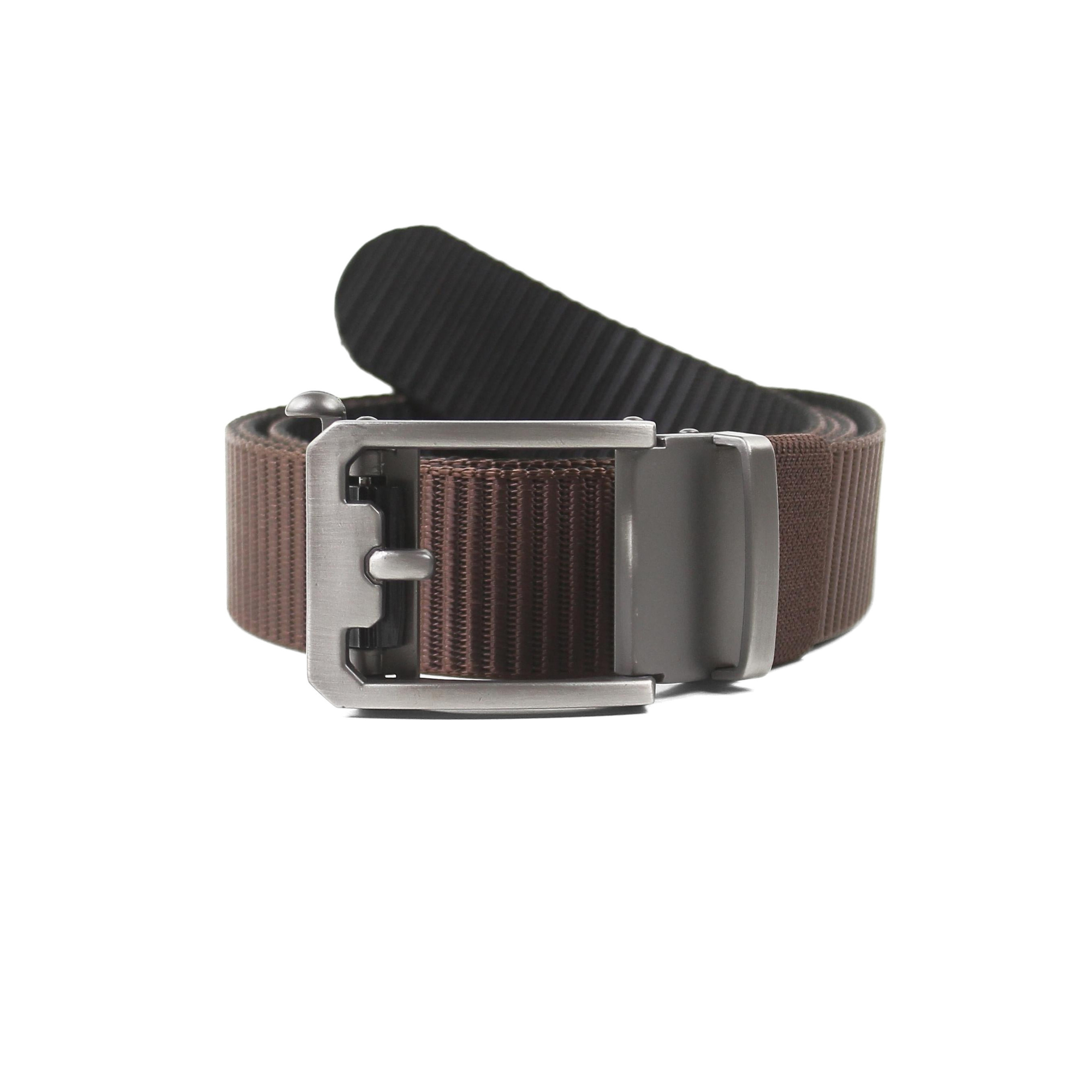 A coiled light brown nylon webbing belt with a matte gunmetal tactical ratchet buckle, isolated on a white background.