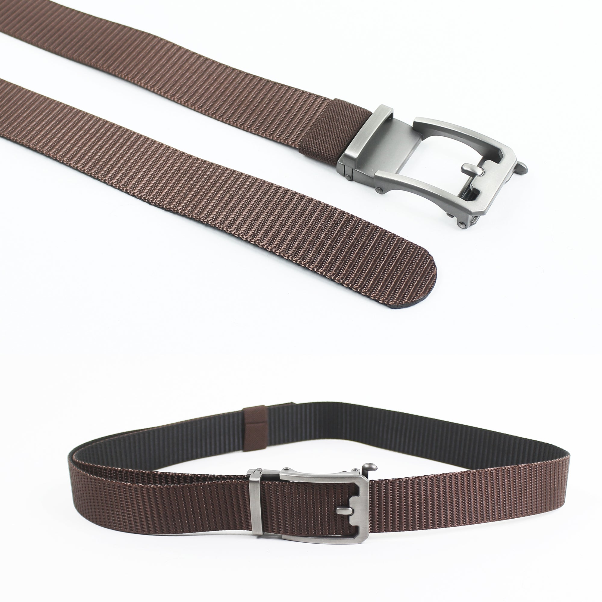 A collage showing both sides of a reversible light brown and black nylon webbing belt with a matte gunmetal automatic buckle.