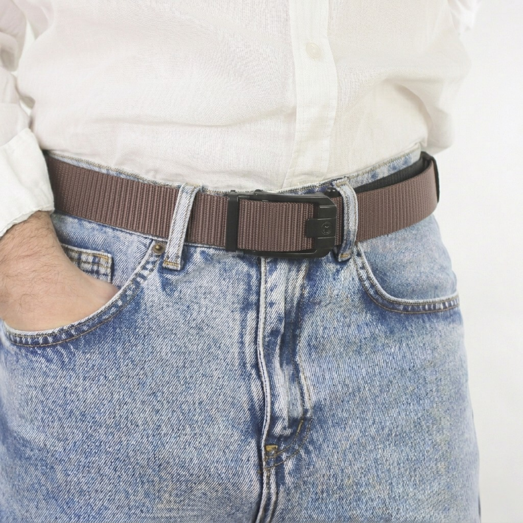 A close-up view of a man wearing a brown web belt with a black sliding buckle, paired with a white shirt and light blue denim jeans.