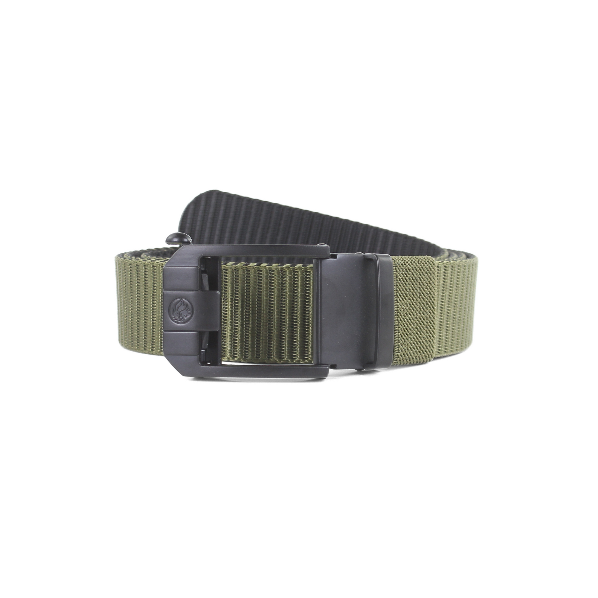 A green tactical web belt with a black automatic sliding buckle on a plain white background.