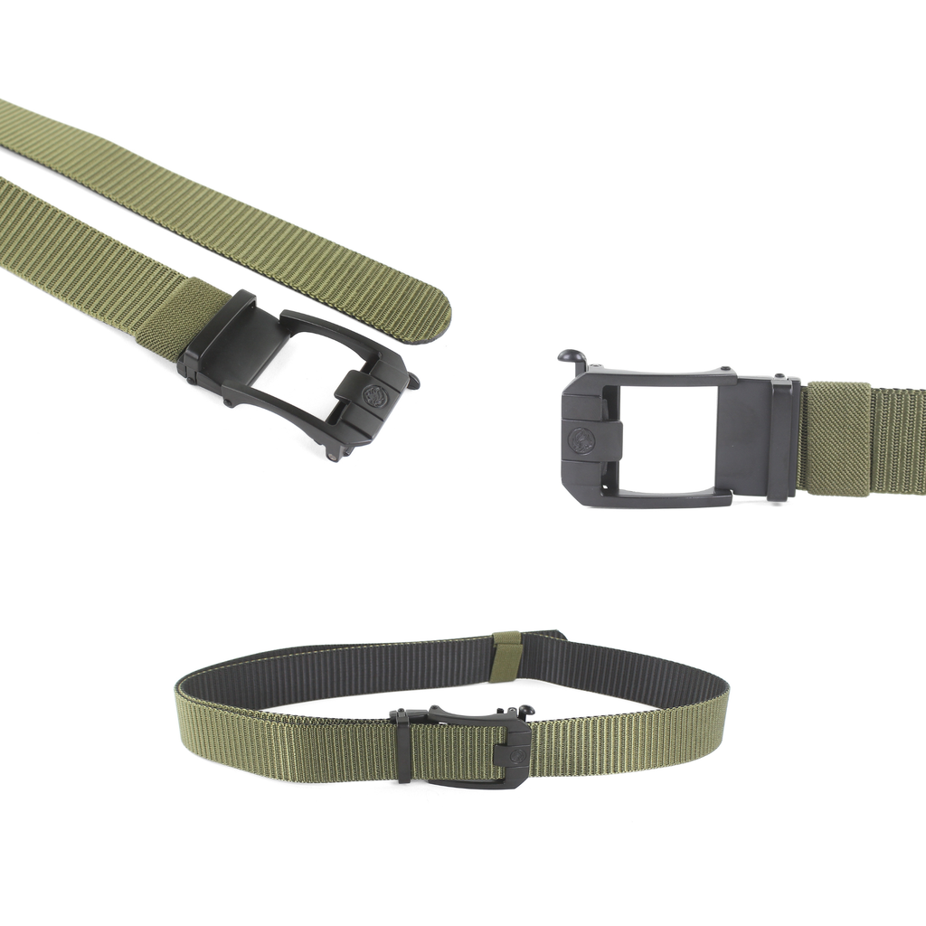 A three-image studio collage showing different views of a green nylon tactical web belt with a black automatic sliding buckle on a white background.