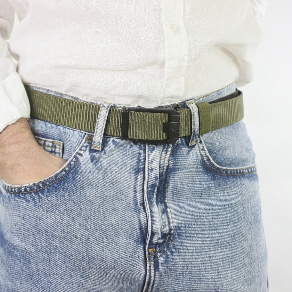 A close-up view of a man wearing a green web belt with a black sliding buckle, paired with a white shirt and light blue denim jeans.