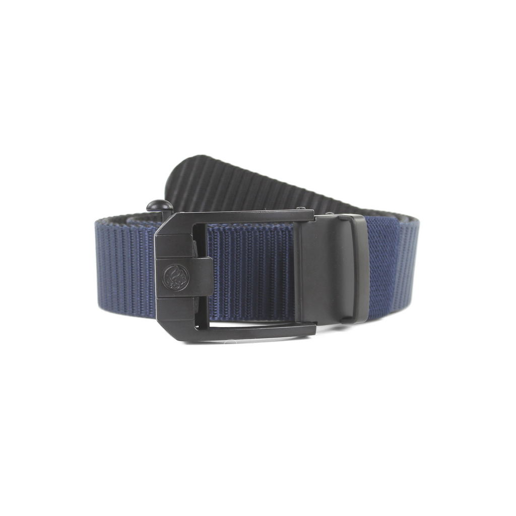 A navy blue tactical web belt with a black automatic sliding buckle on a plain white background.