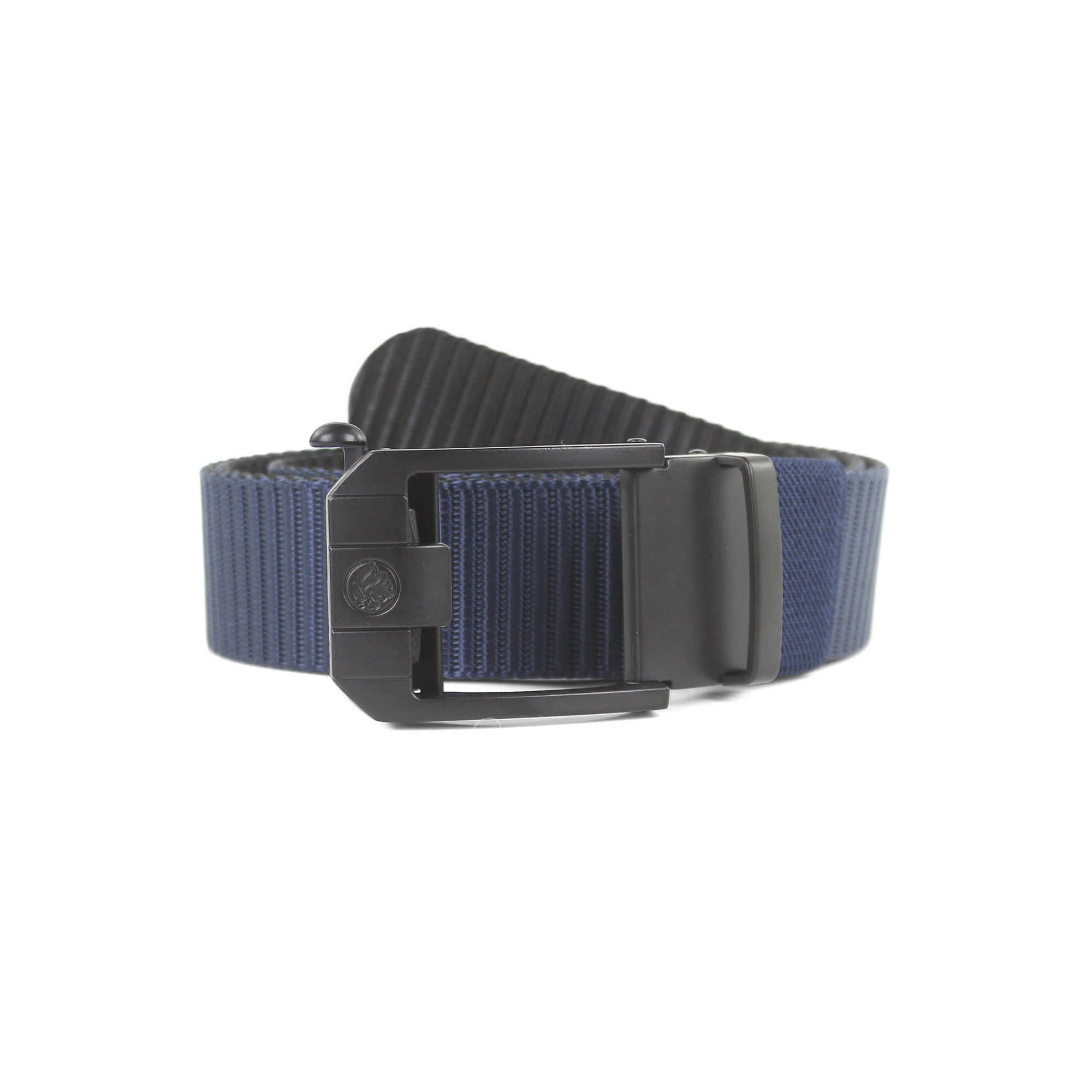 A navy blue tactical web belt with a black automatic sliding buckle on a plain white background.