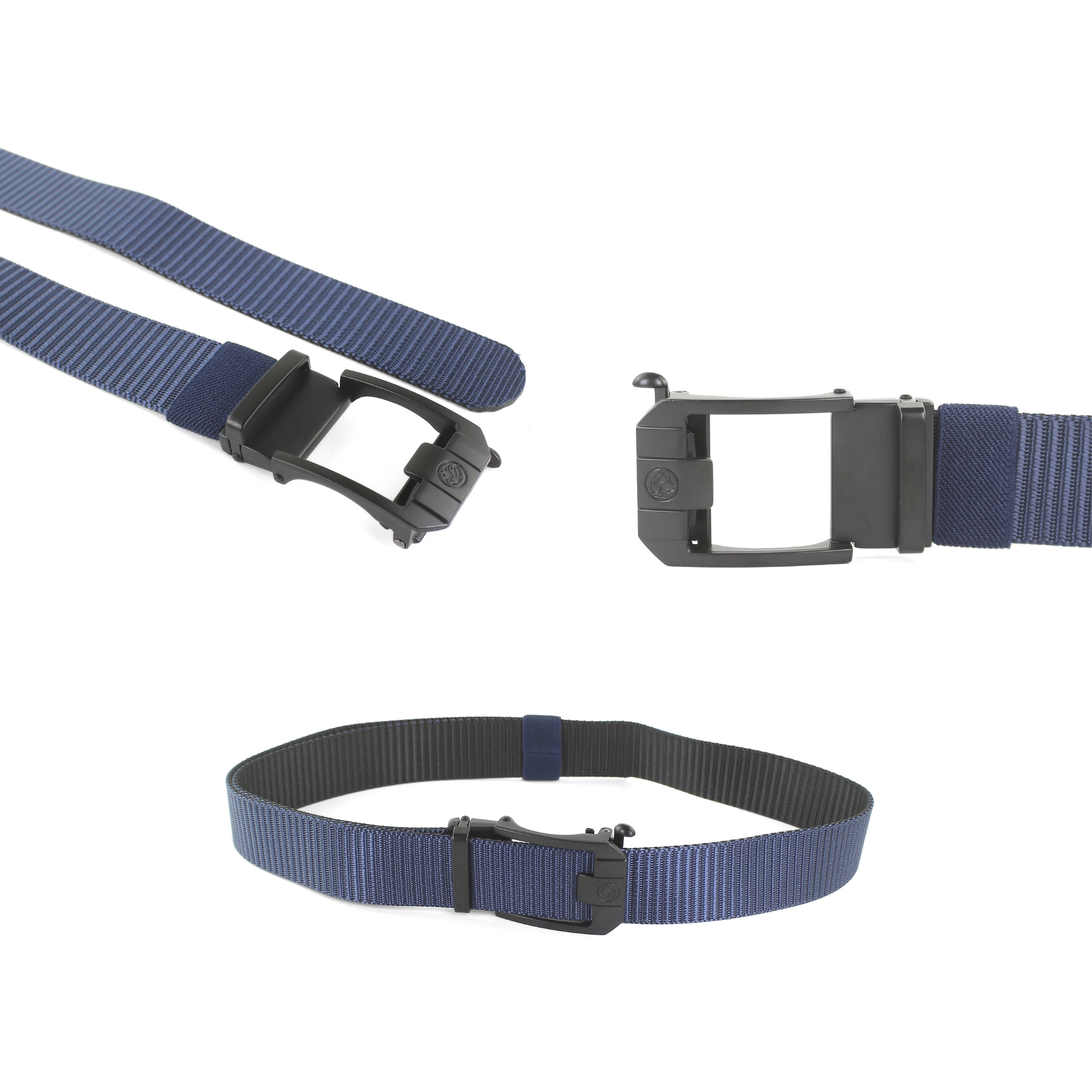A three-image studio collage showing different views of a navy blue nylon tactical web belt with a black automatic sliding buckle on a white background.
