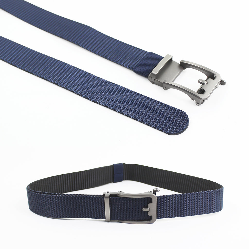 A collage showing both sides of a reversible navy blue and black nylon webbing belt with a matte gunmetal automatic buckle.
