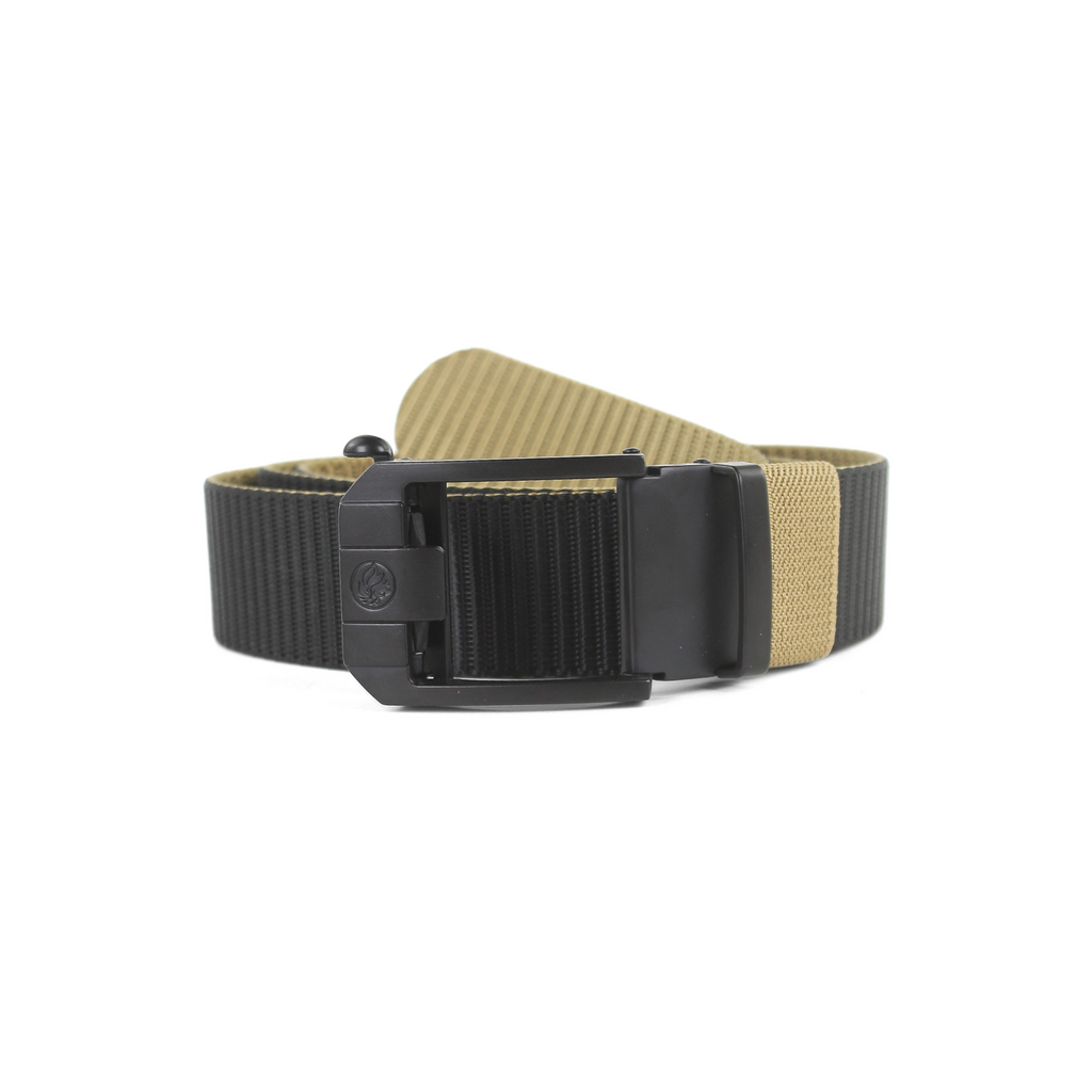 A black and yellow tactical web belt with a black automatic sliding buckle on a plain white background.