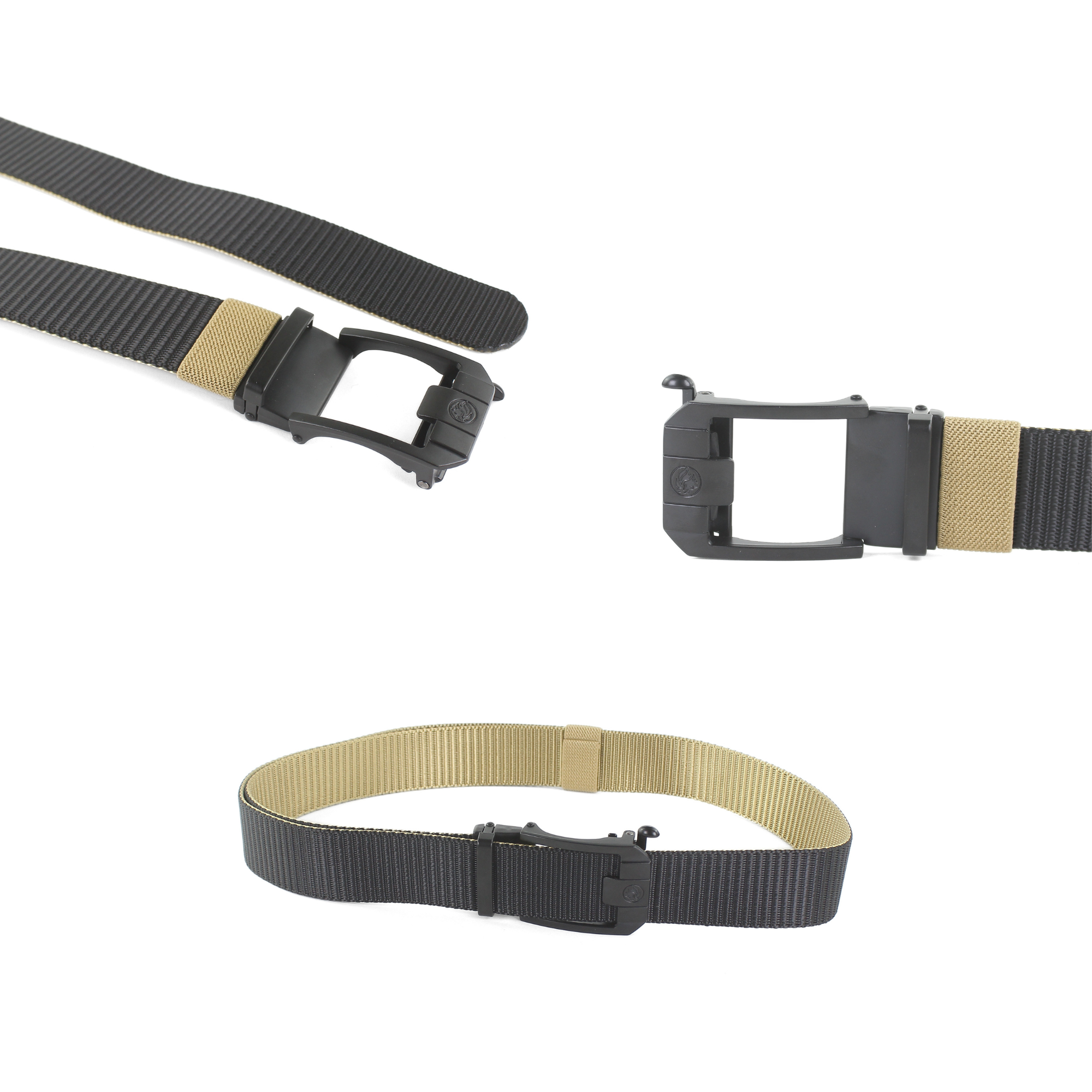 A three-image studio collage showing different views of a black and yellow nylon tactical web belt with a black automatic sliding buckle on a white background.