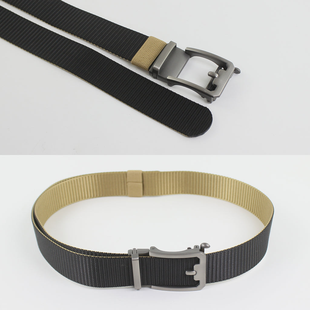 A collage showing both sides of a reversible yellow and black nylon webbing belt with a matte gunmetal automatic buckle.