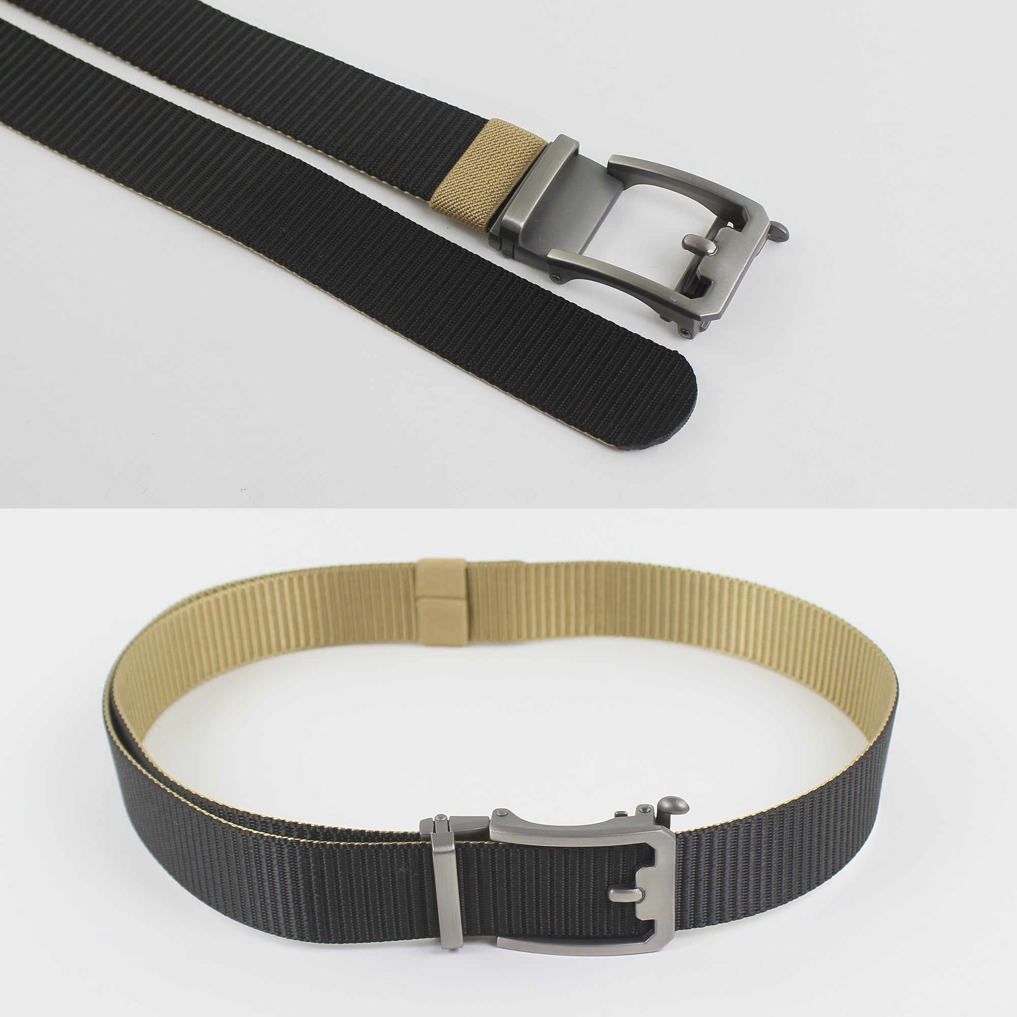 A collage showing both sides of a reversible yellow and black nylon webbing belt with a matte gunmetal automatic buckle.