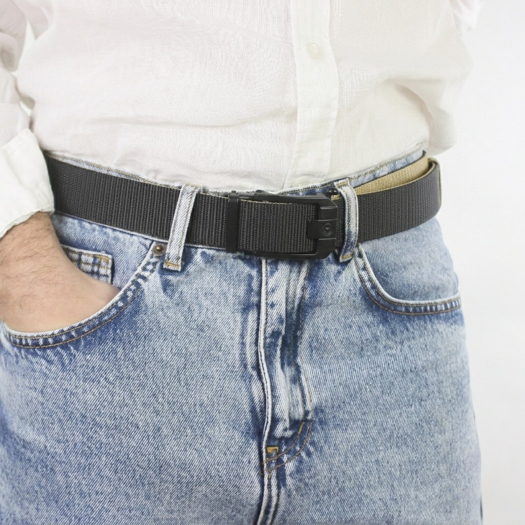A close-up view of a man wearing a black and yellow nylon web belt with a black sliding buckle, paired with a white shirt and light blue denim jeans.